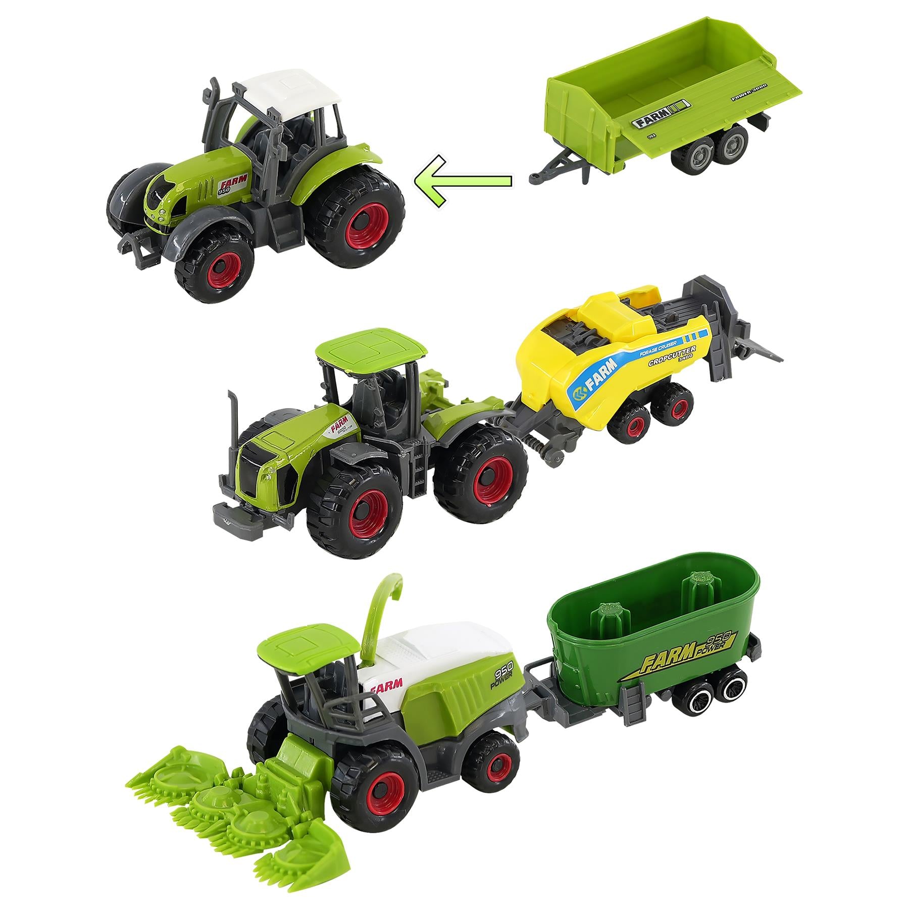 A toy farm set featuring a tractor, trailer, and combine harvester, all in green and yellow colors, with the tractor and trailer having red wheels and the combine harvester having a white and green head. - The Magic Toy Shop