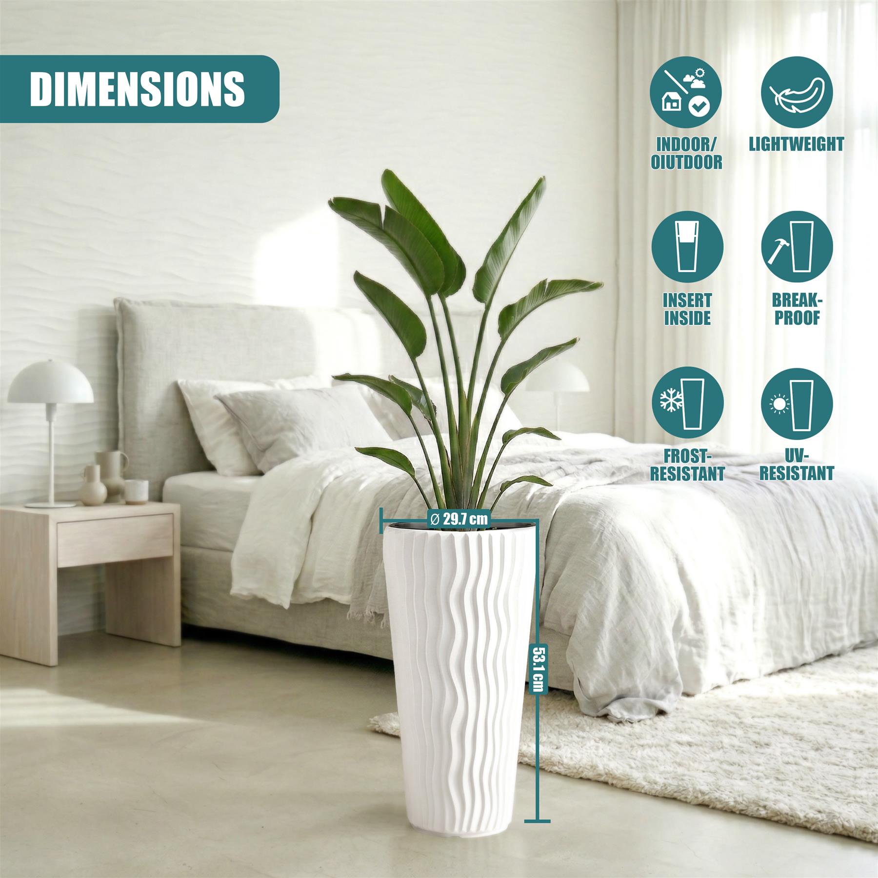 White, textured planter pot measuring 53.1 cm high and 29.7 cm wide, displayed with a potted green plant.