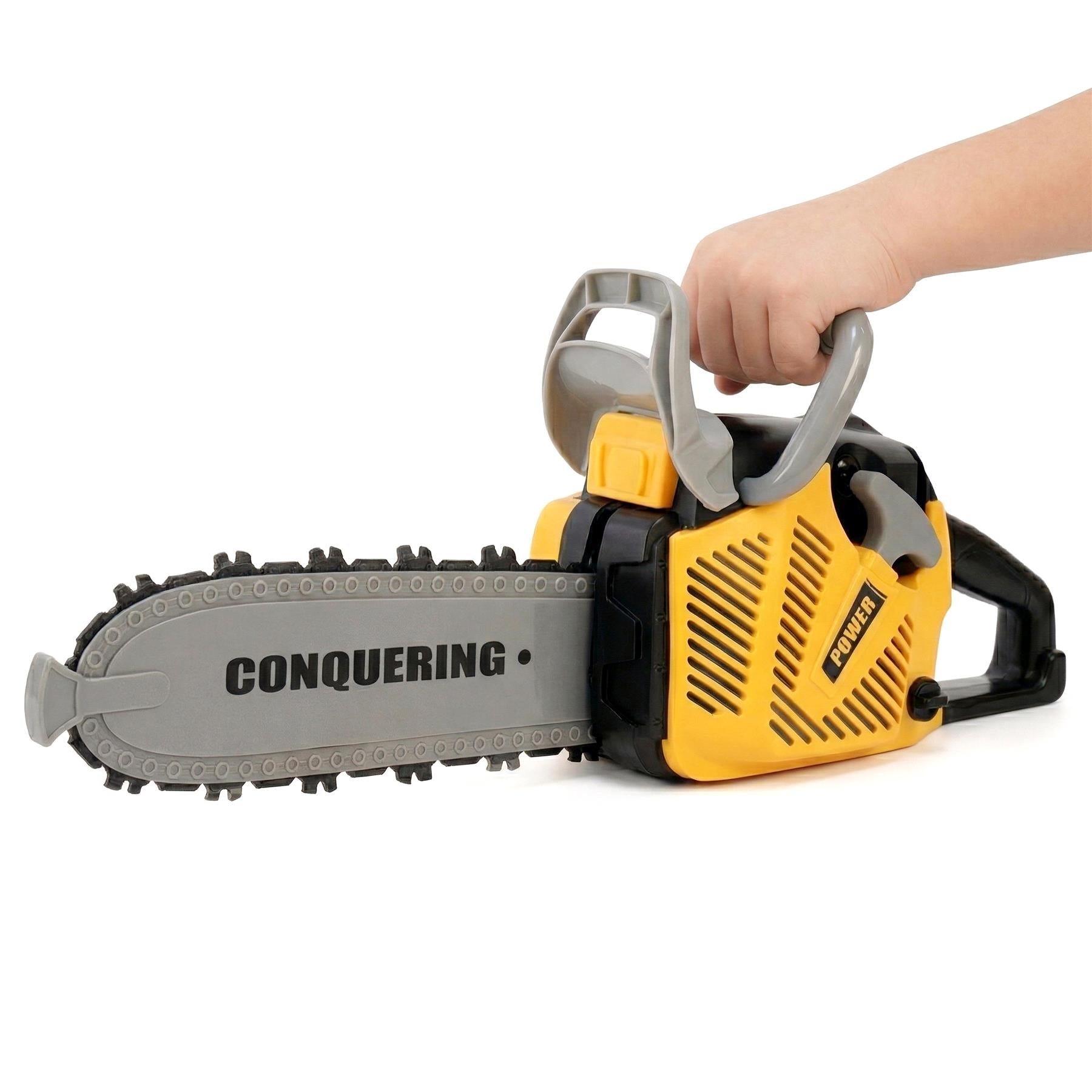 Toy chainsaw with a yellow body, black accents, and a gray blade marked "CONQUERING."