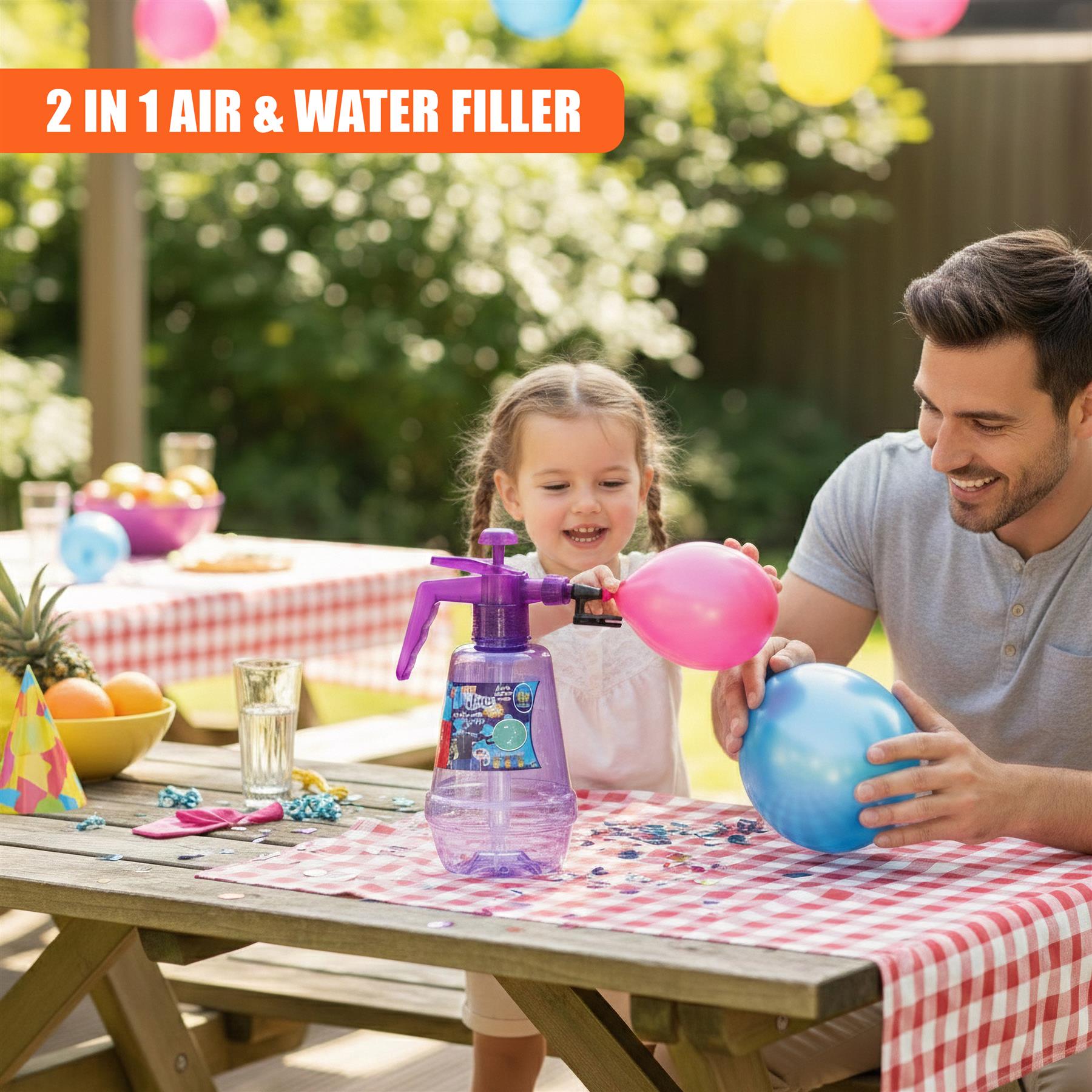 A woman and child interact with balloons and a purple air water filler on an outdoor table.