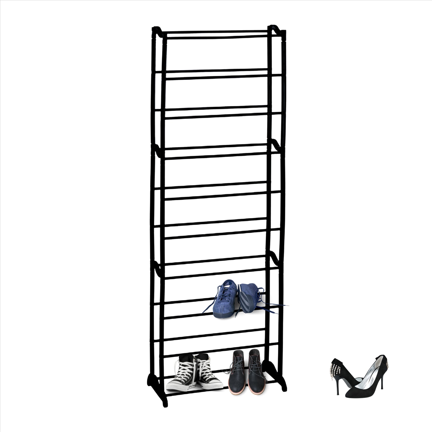 'A black metal shoe rack with 10 shelves displaying shoes on a white background.'