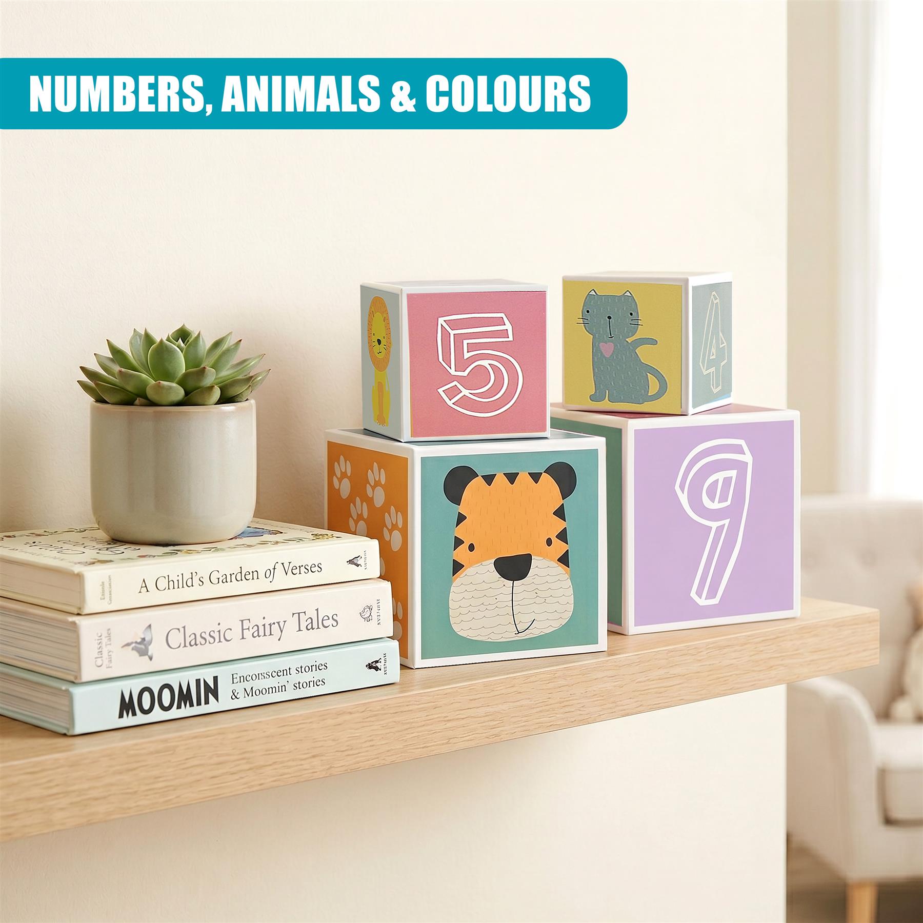 Set of large wooden cubes featuring numbers, animals, and colorful designs for stacking.