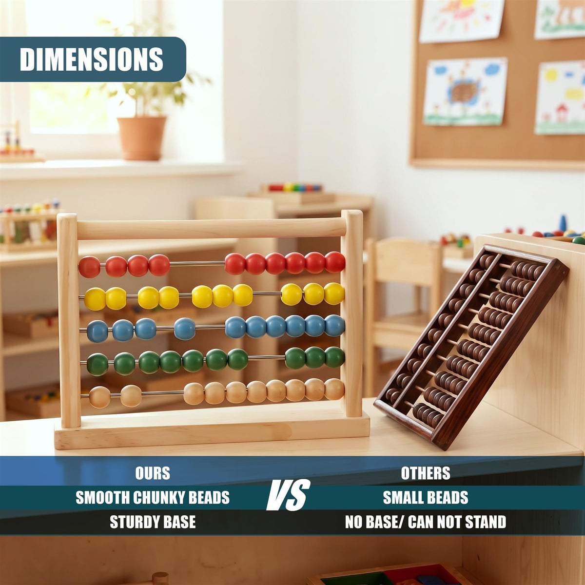 Wooden abacus with colourful beads and a sturdy base, displayed in a bright playroom setting