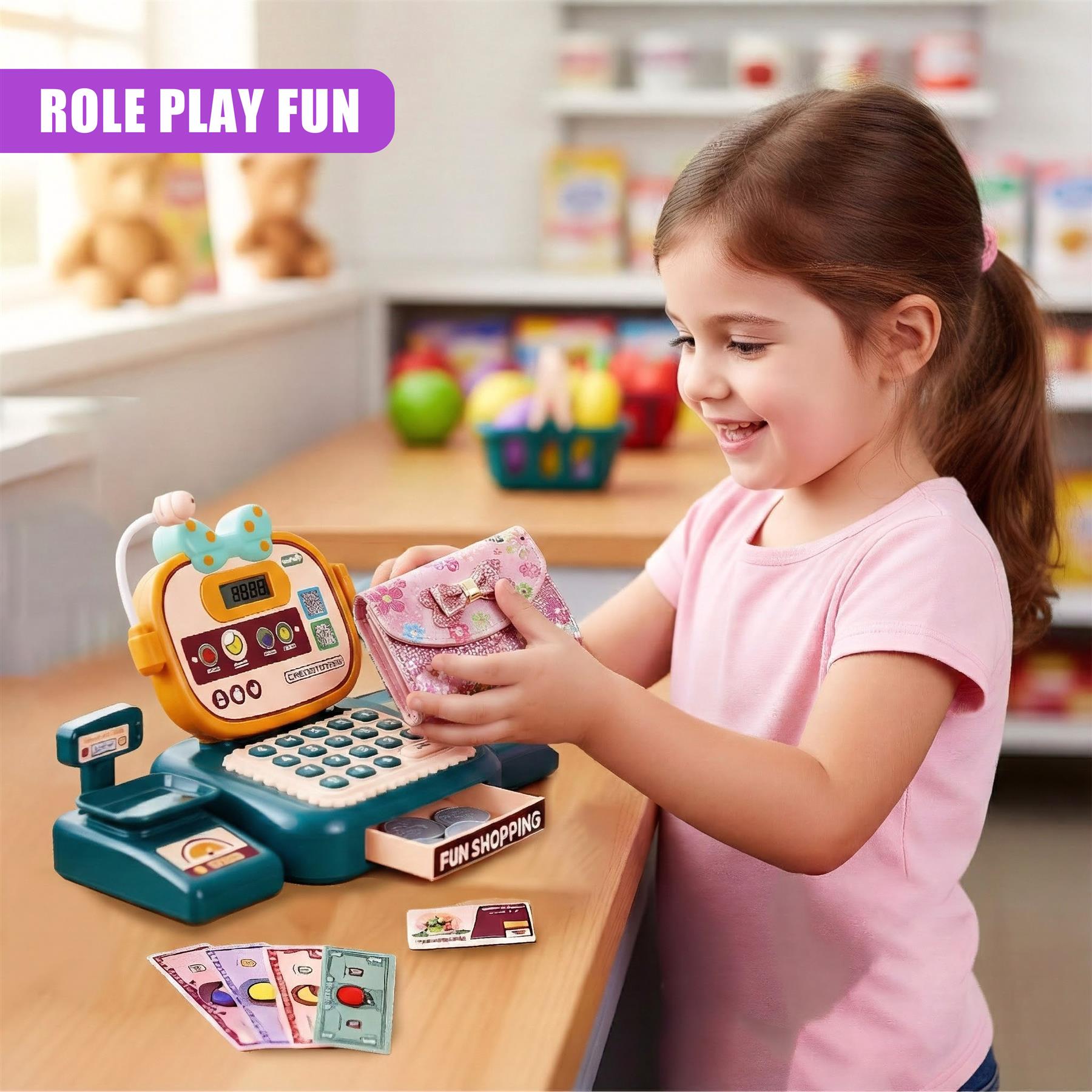 A young girl plays with a toy cash register, scanning a toy credit card and smiling. The cash register is a toy with a screen, keyboard, and credit card reader. It has a play money dispenser and a toy credit card. The girl is wearing a pink shirt and has her hair in a ponytail. The background is a playroom with toys and a window. - The Magic Toy Shop
