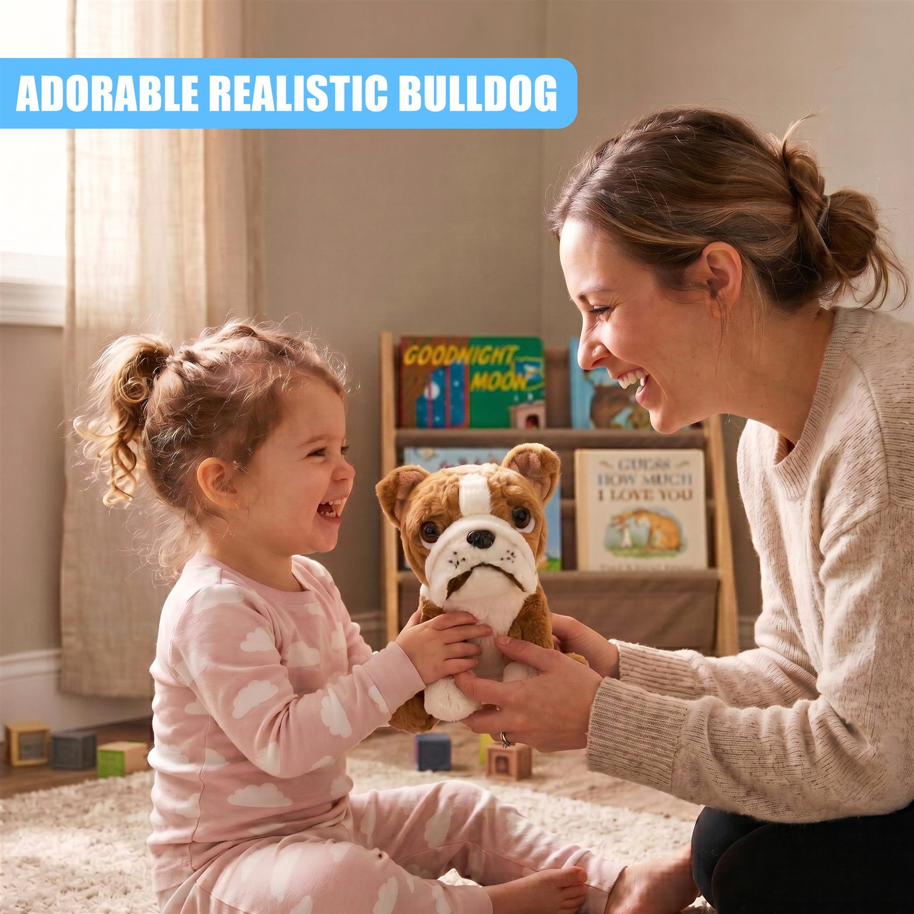 Woman and child holding a plush toy bulldog. The soft toy is tan and white.