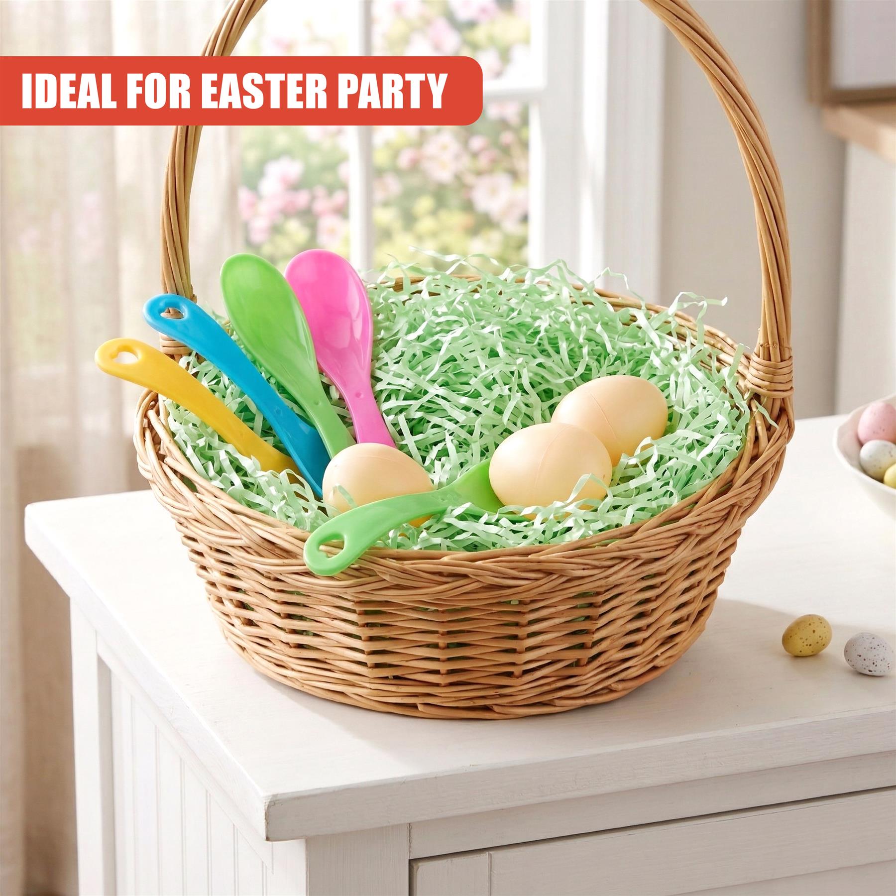 Woven basket filled with green grass, colorful spoons, and painted wooden eggs.