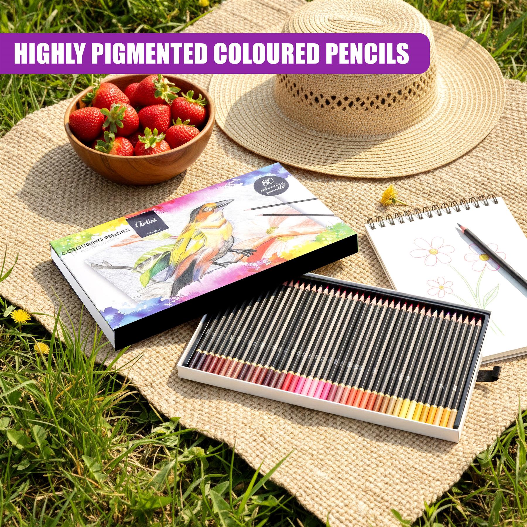 An open pencil case displays eighty colored pencils arranged neatly in protective slots.