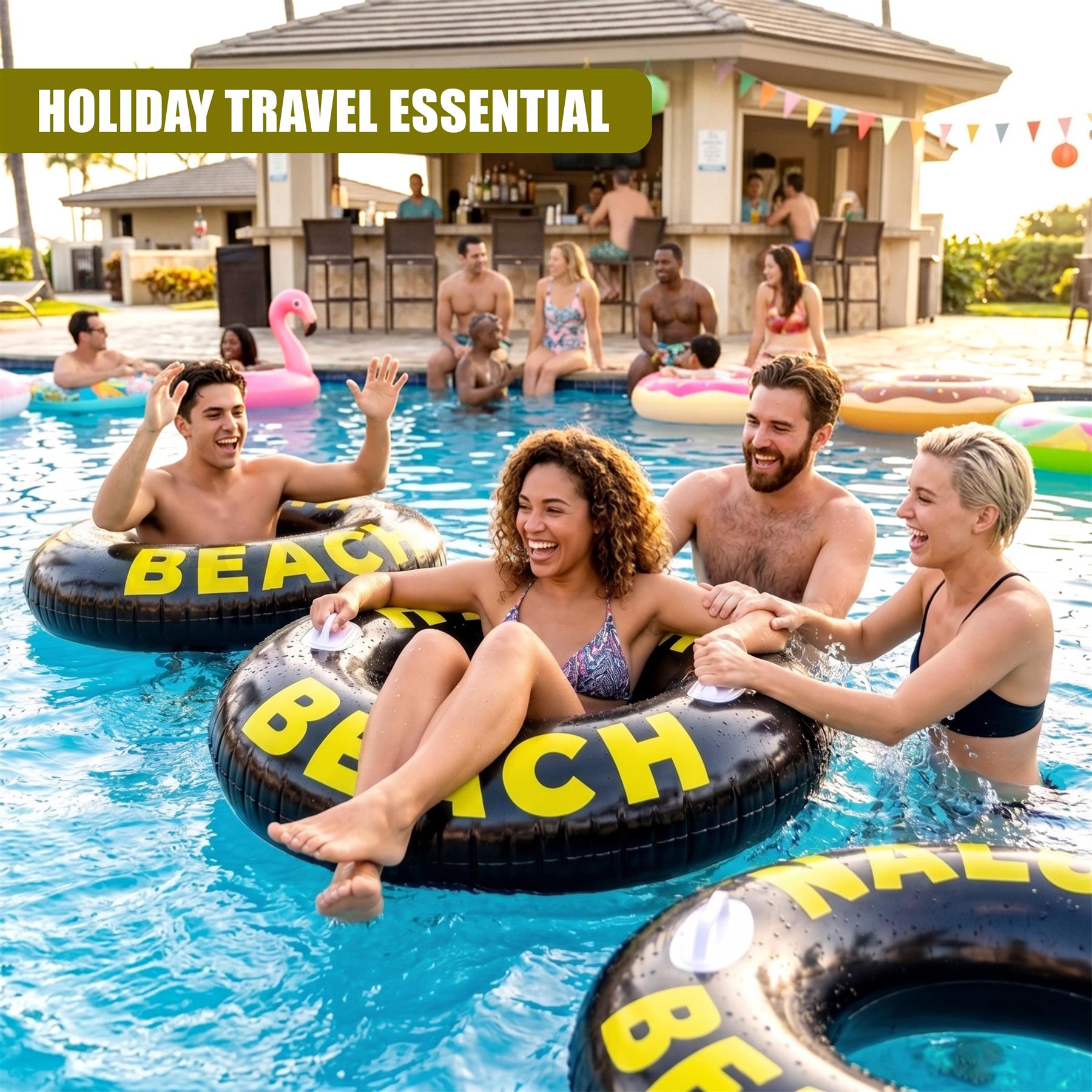 Black inflatable tire ring floating in clear blue pool water.
