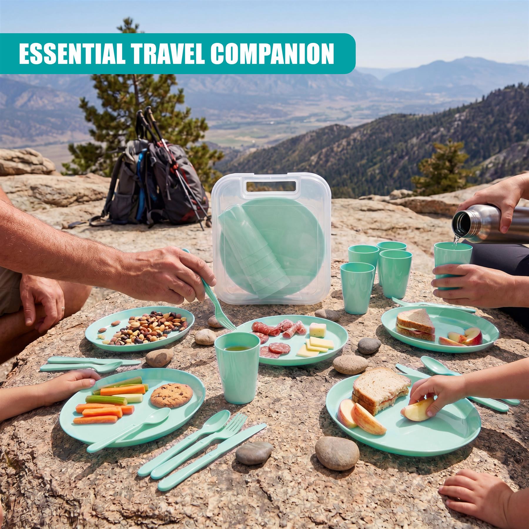 A green picnic set featuring plates, bowls, cups, and cutlery is used outdoors on a rocky surface.