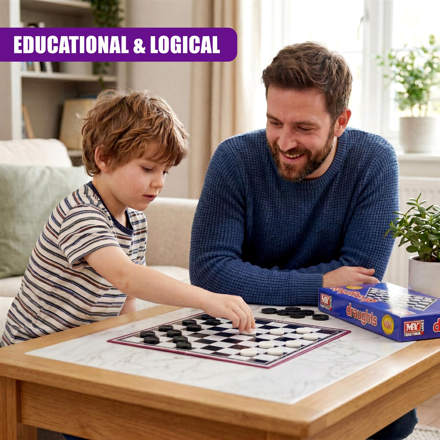An adult and a boy play on a foldable checkerboard game board placed on a table.