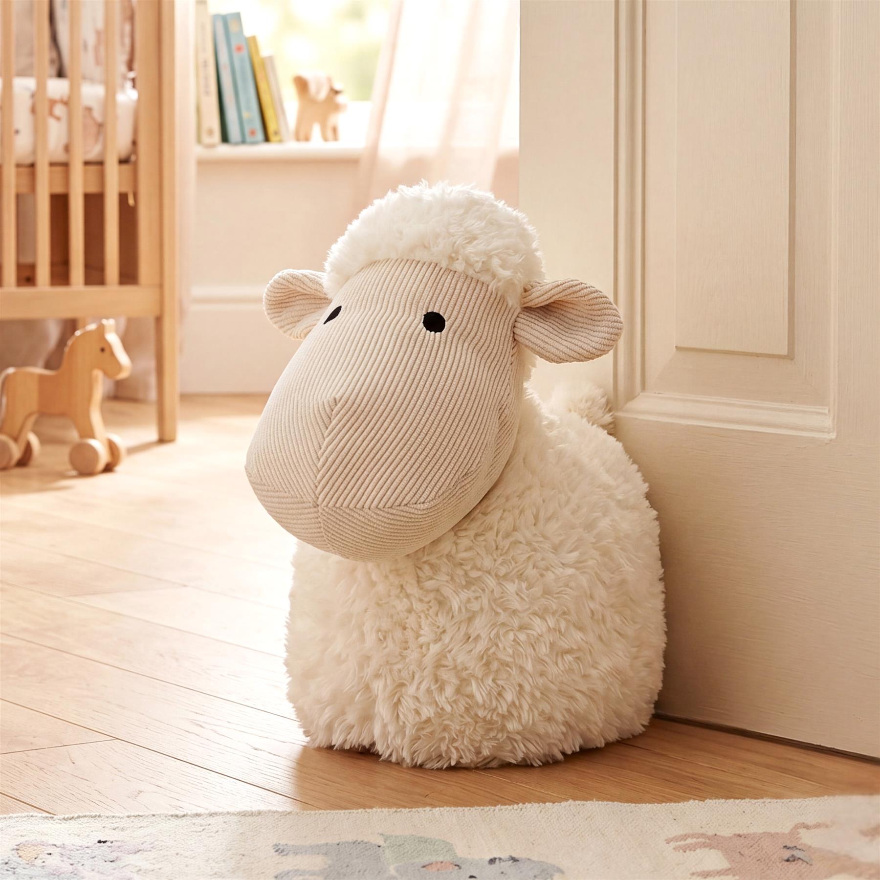 Fluffy white sheep door stopper featuring a cream knitted muzzle, resting against a light-colored wooden door.