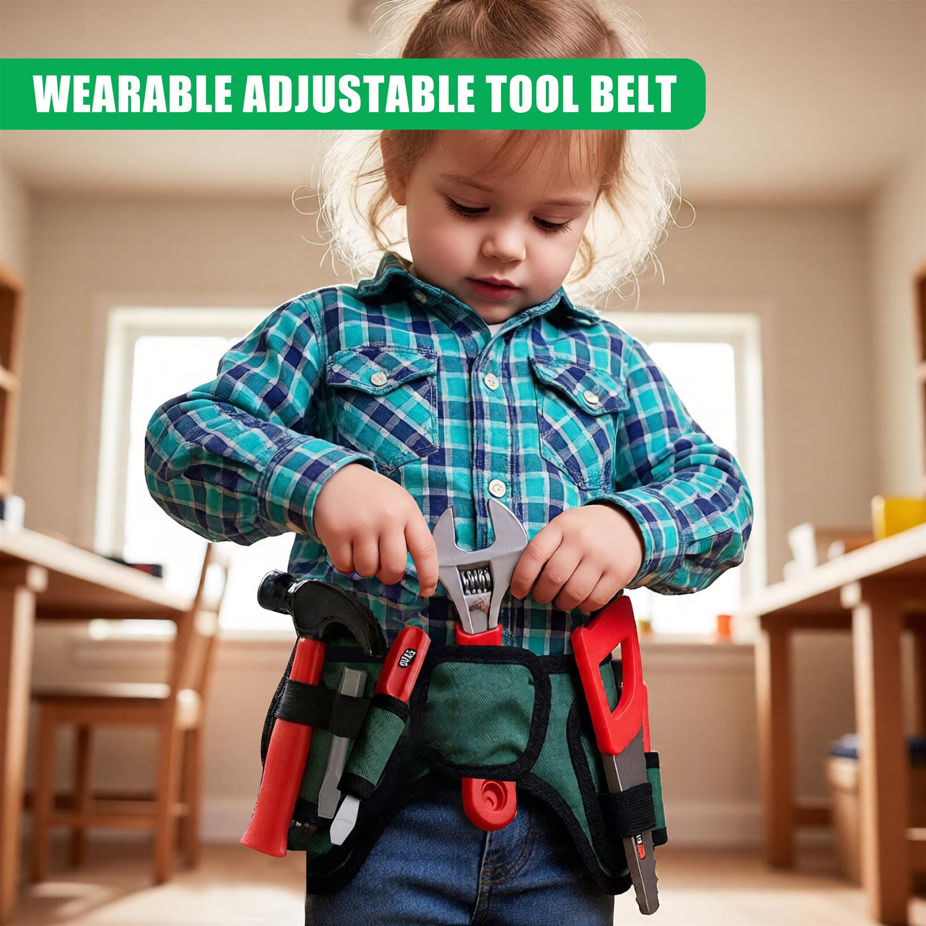 "Kid-friendly toy tool set with a colorful work belt and screwdriver included." - The Magic Toy Shop