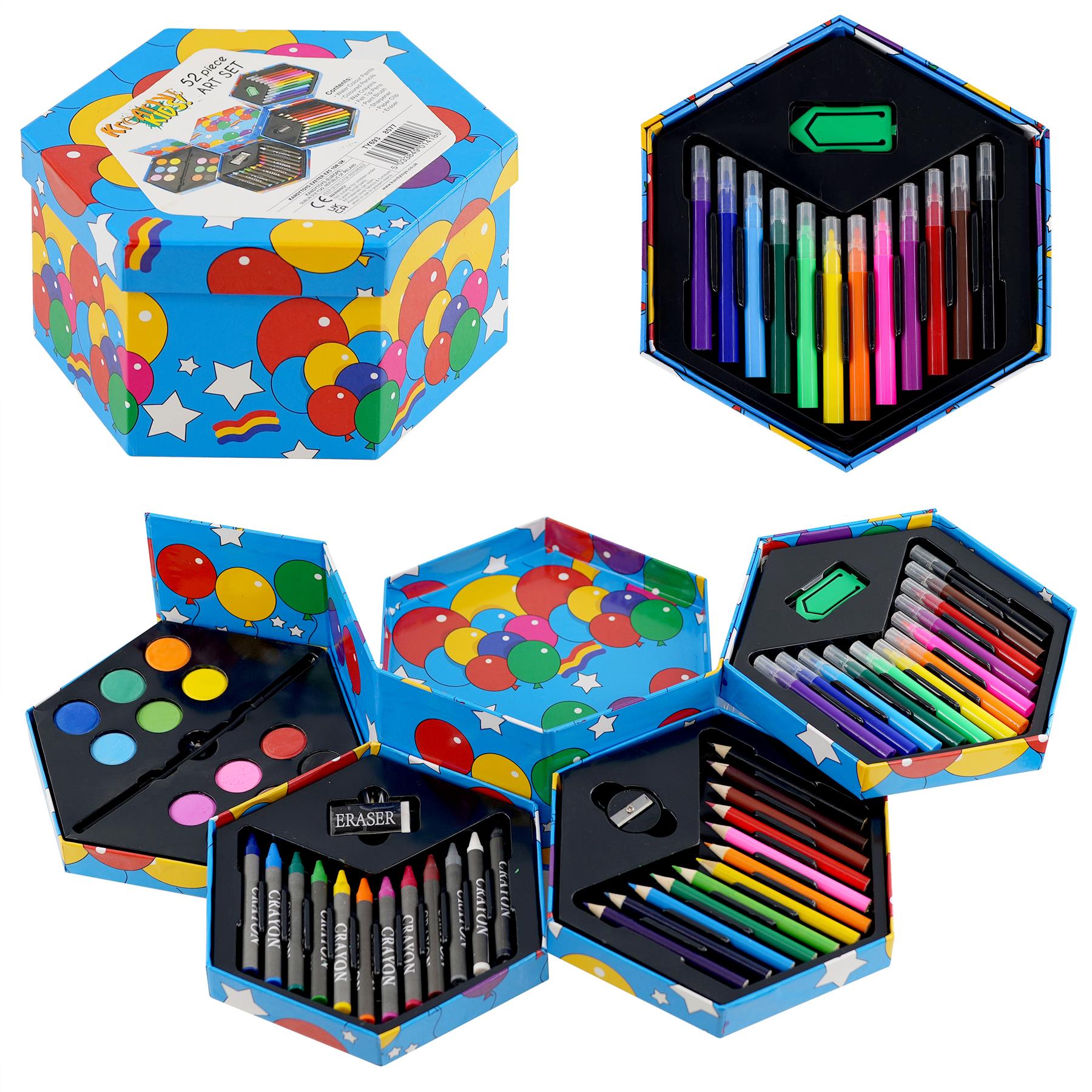 The art set contains crayons, markers, colored pencils, watercolor palette, and eraser.