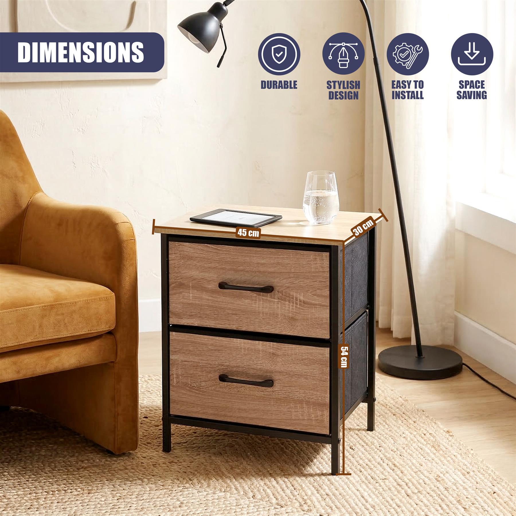 Two-drawer bedside table with a light wood finish, showing stacked drawers and dark metal handles.