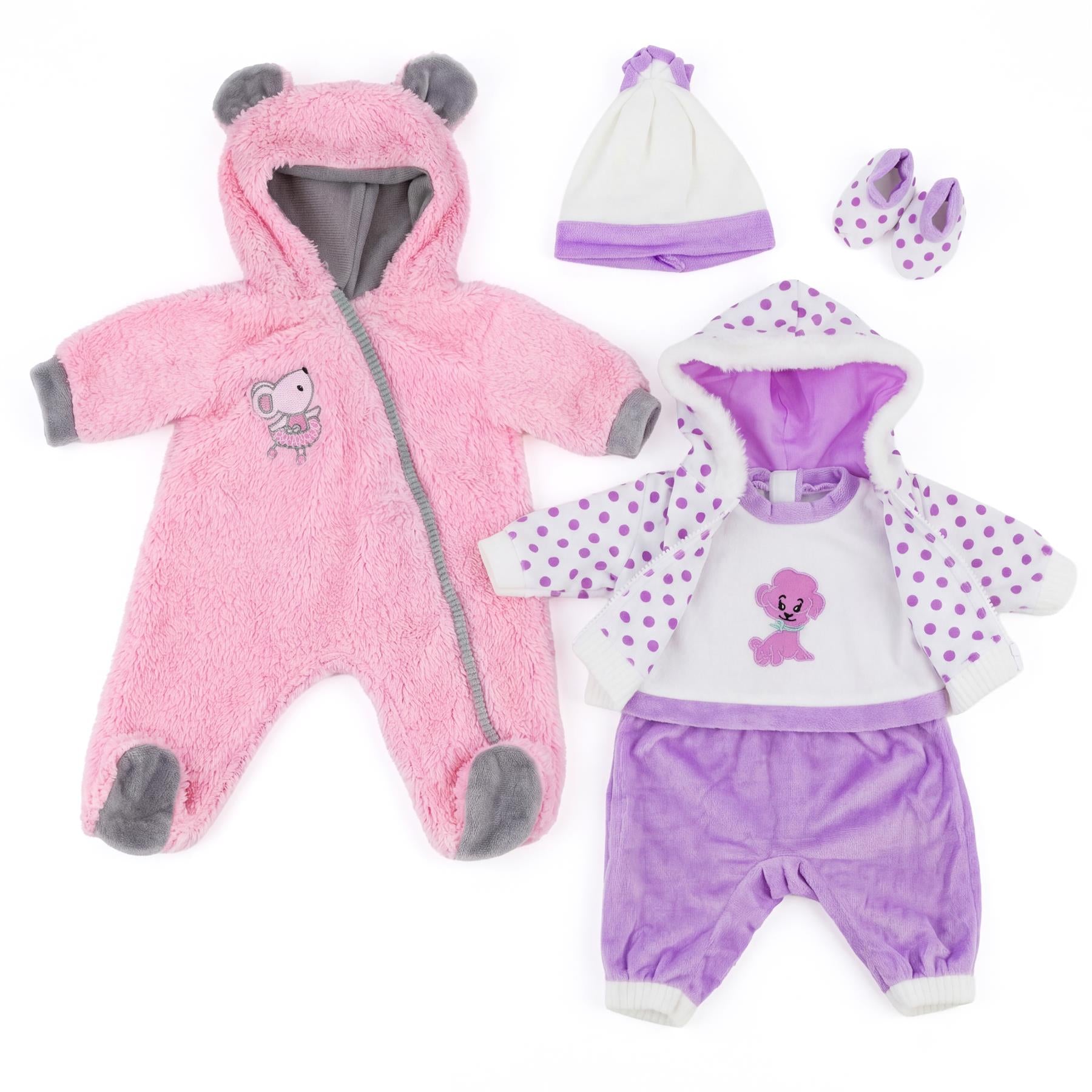 A pink hooded jumpsuit and a patterned purple and white doll clothing set are displayed.
