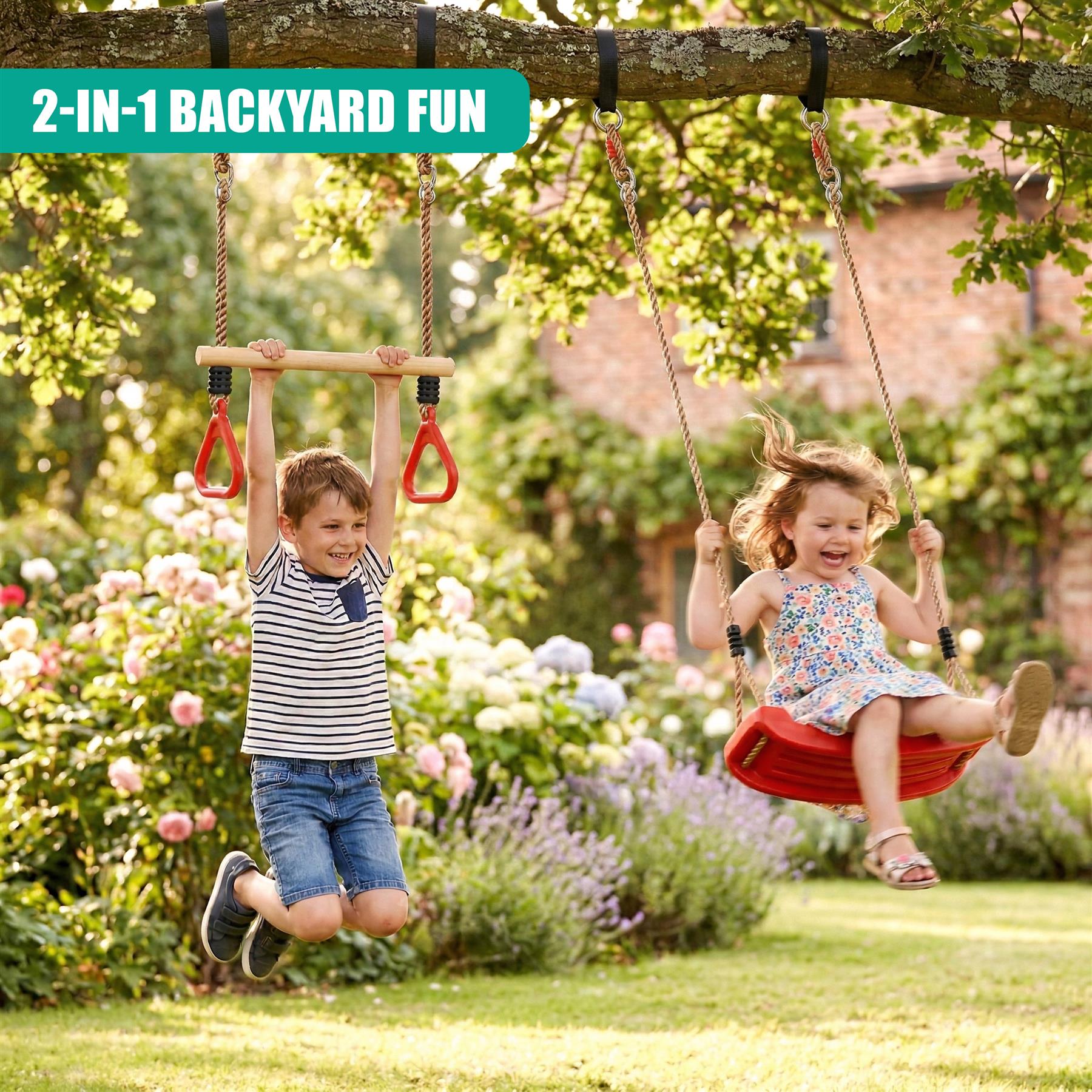 Two children swinging and hanging on a garden swing bar set attached to a tree branch.