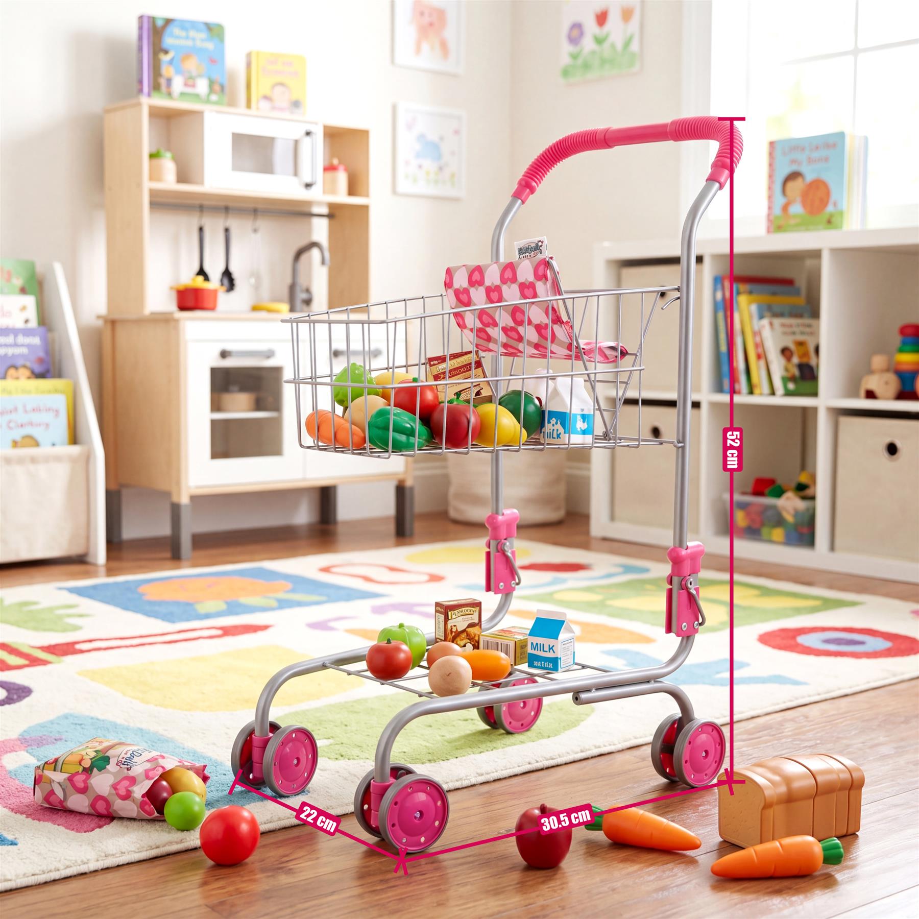 Metal shopping trolley filled with play produce; plastic groceries and a small bag rest on the rug.