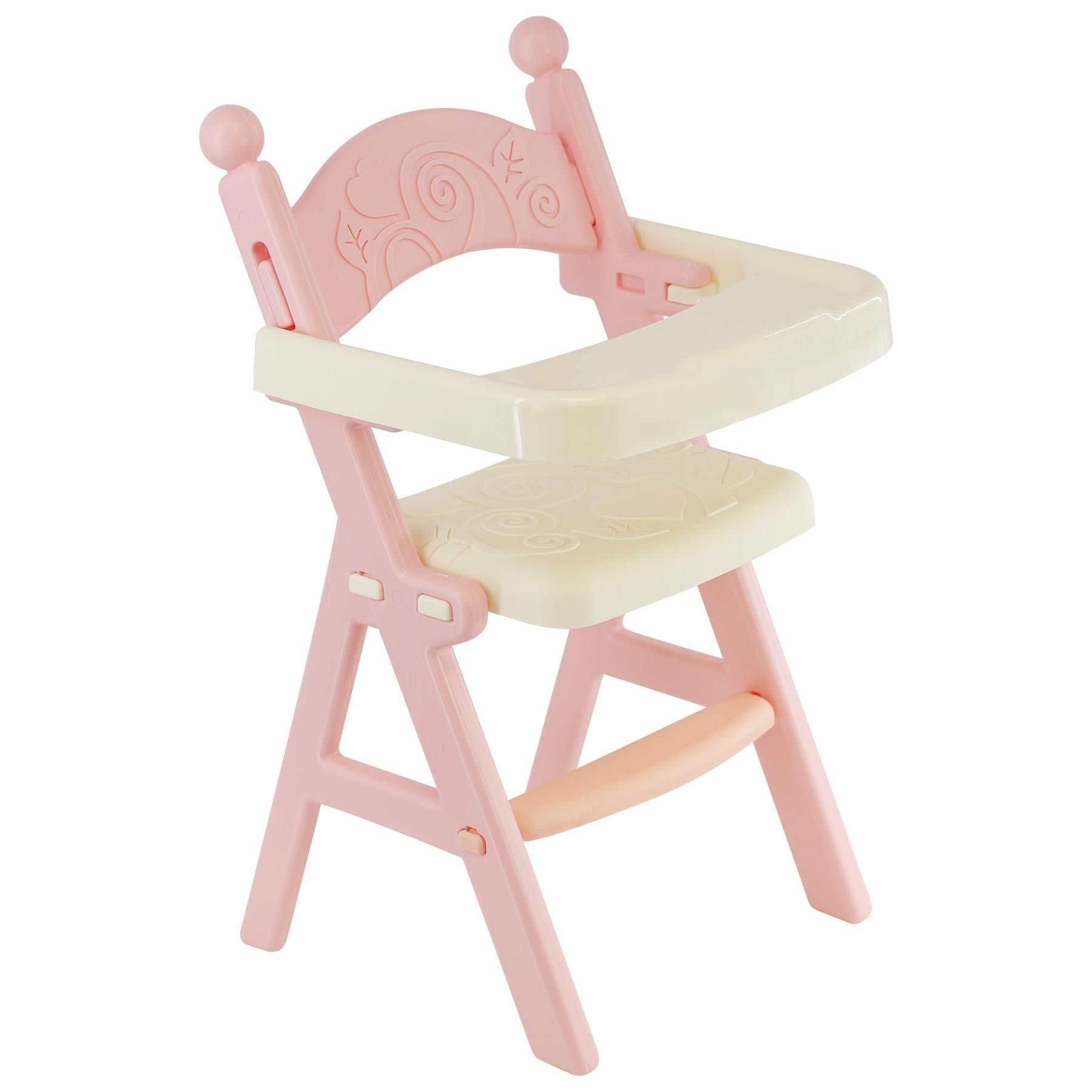 "Pink high chair with pink doll, accessories included." - The Magic Toy Shop
