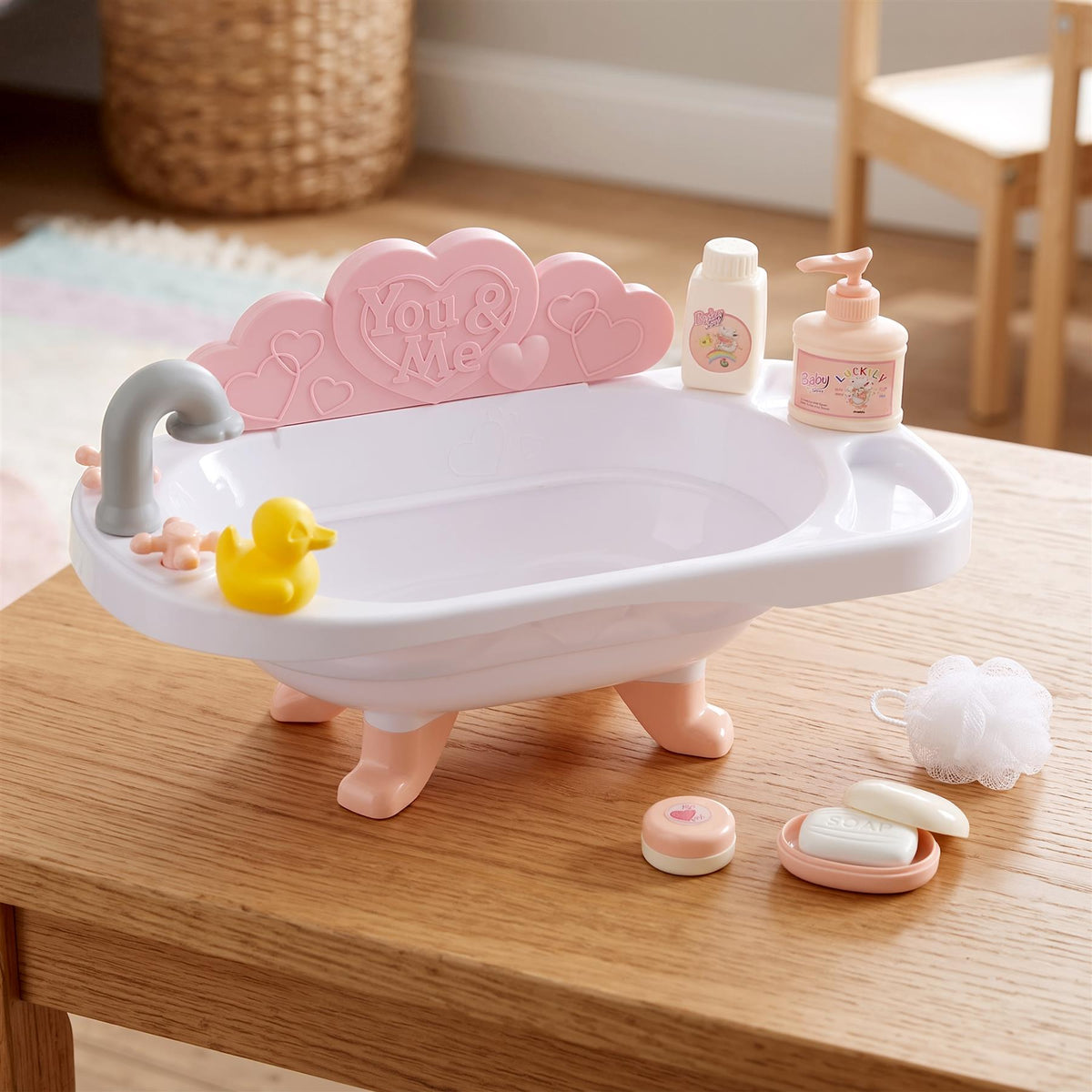 BiBi Doll doll bath set with accessories, including a bathtub and baby doll toiletries