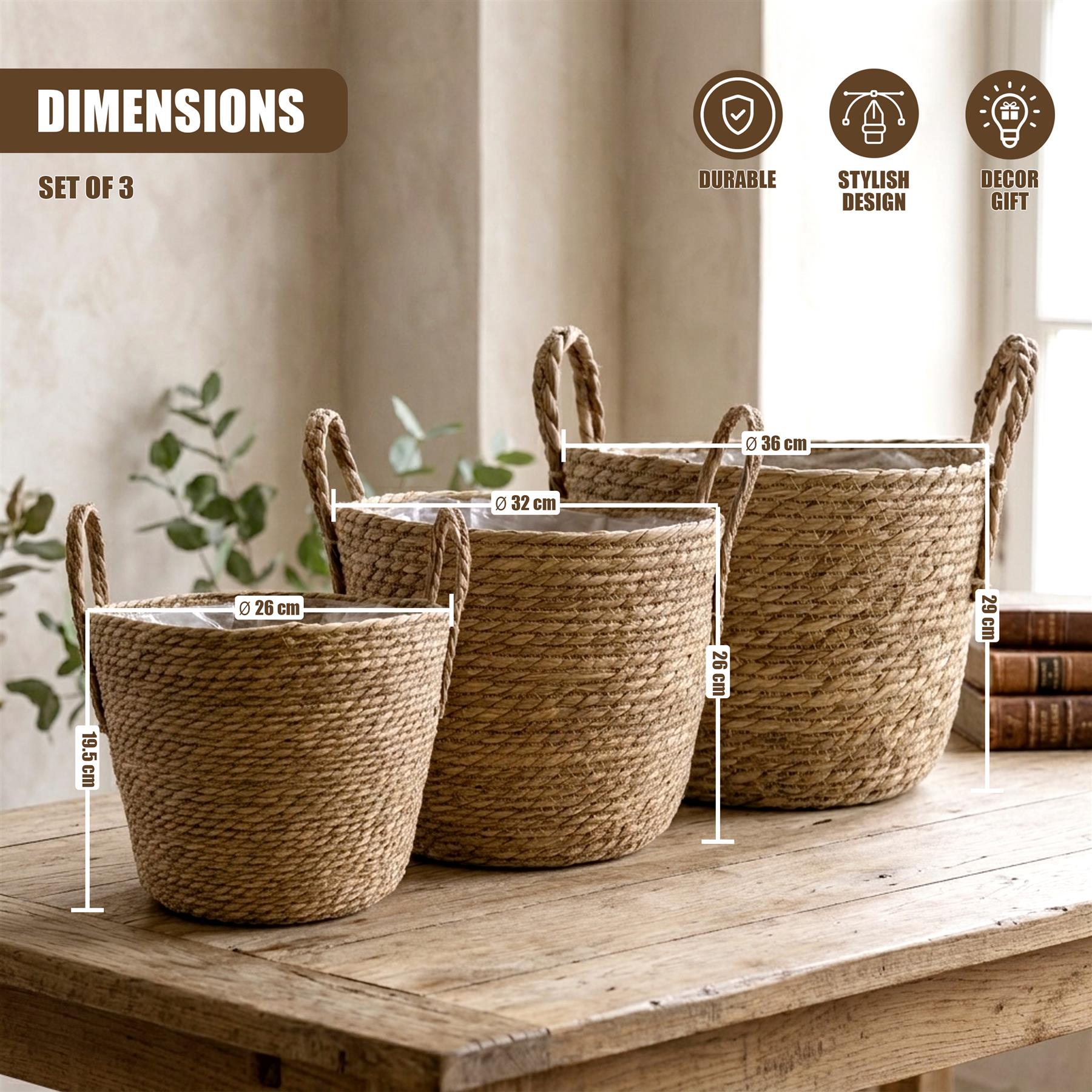 Three differing sizes of woven wicker baskets with attached handles displayed on a wooden surface.