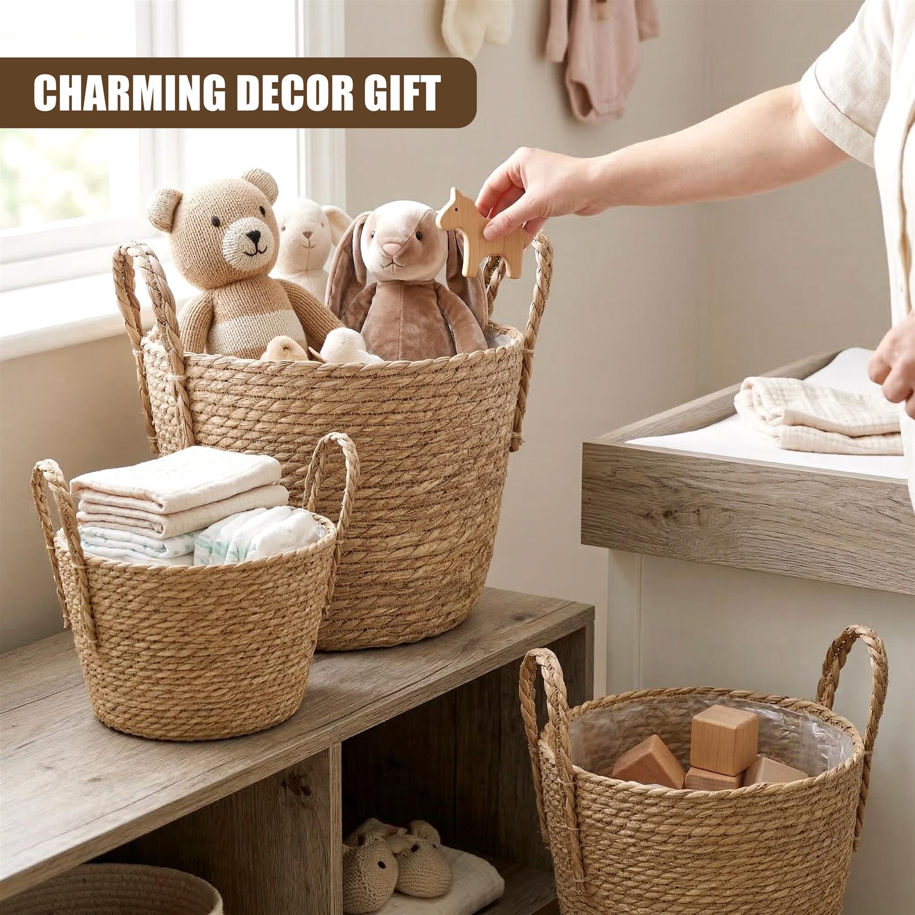 Wicker baskets containing folded linens, wooden blocks, and stuffed animals placed on a shelf.