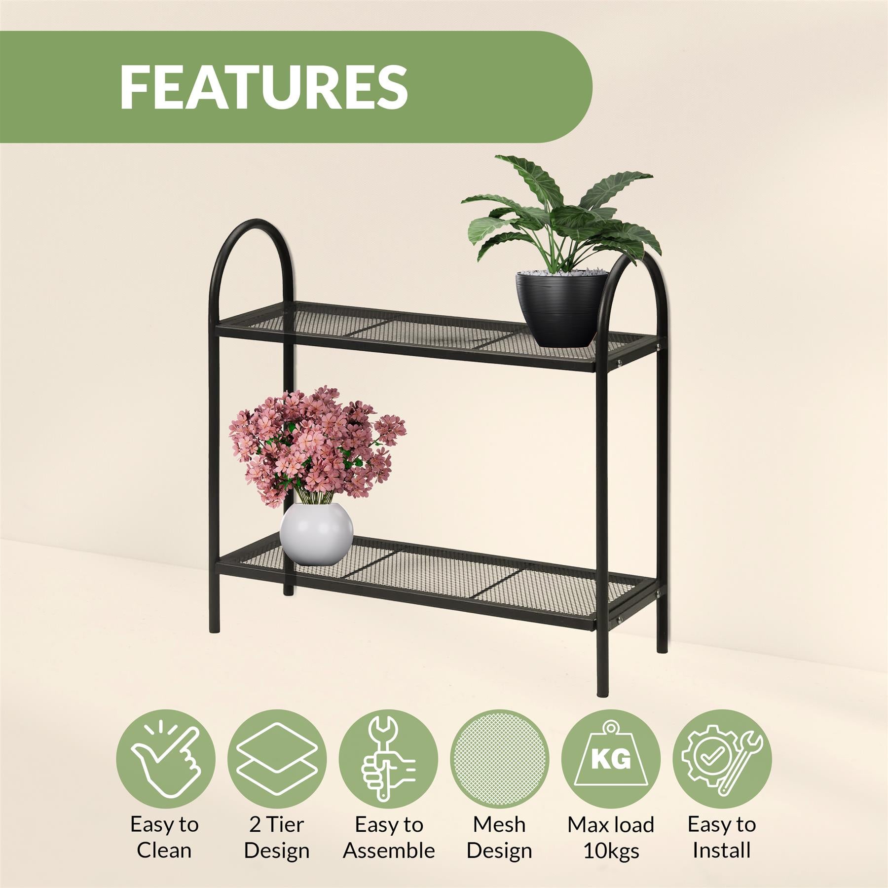 Geezy 2 tier metal plant stand, perfect for a small indoor space or balcony. Durable and sturdy, with two levels to accommodate multiple plants. The black metal frame contrasts beautifully with the greenery, making it a stylish addition to any room. Enjoy gardening at home! From 'themagictoyshop'.