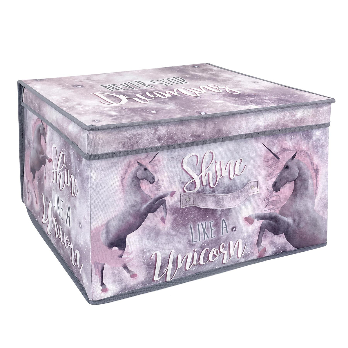 Unicorn storage box with a sparkly design and "shine like a unicorn" message