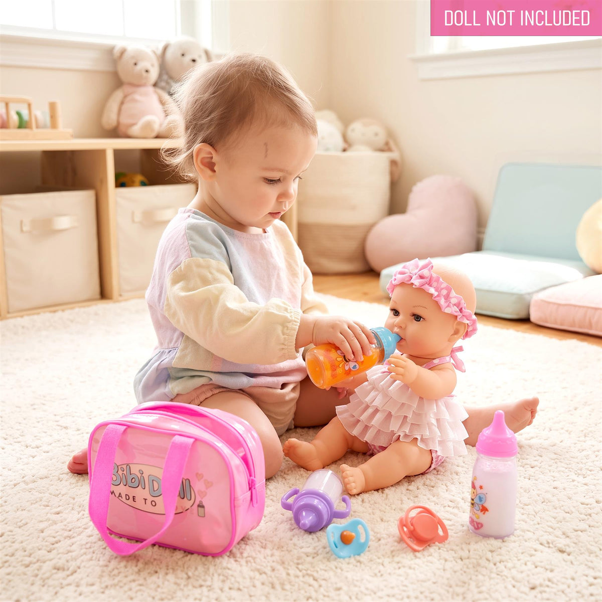 BiBi Doll accessories set includes a pink carry bag, bottles, and dummies for pretend play