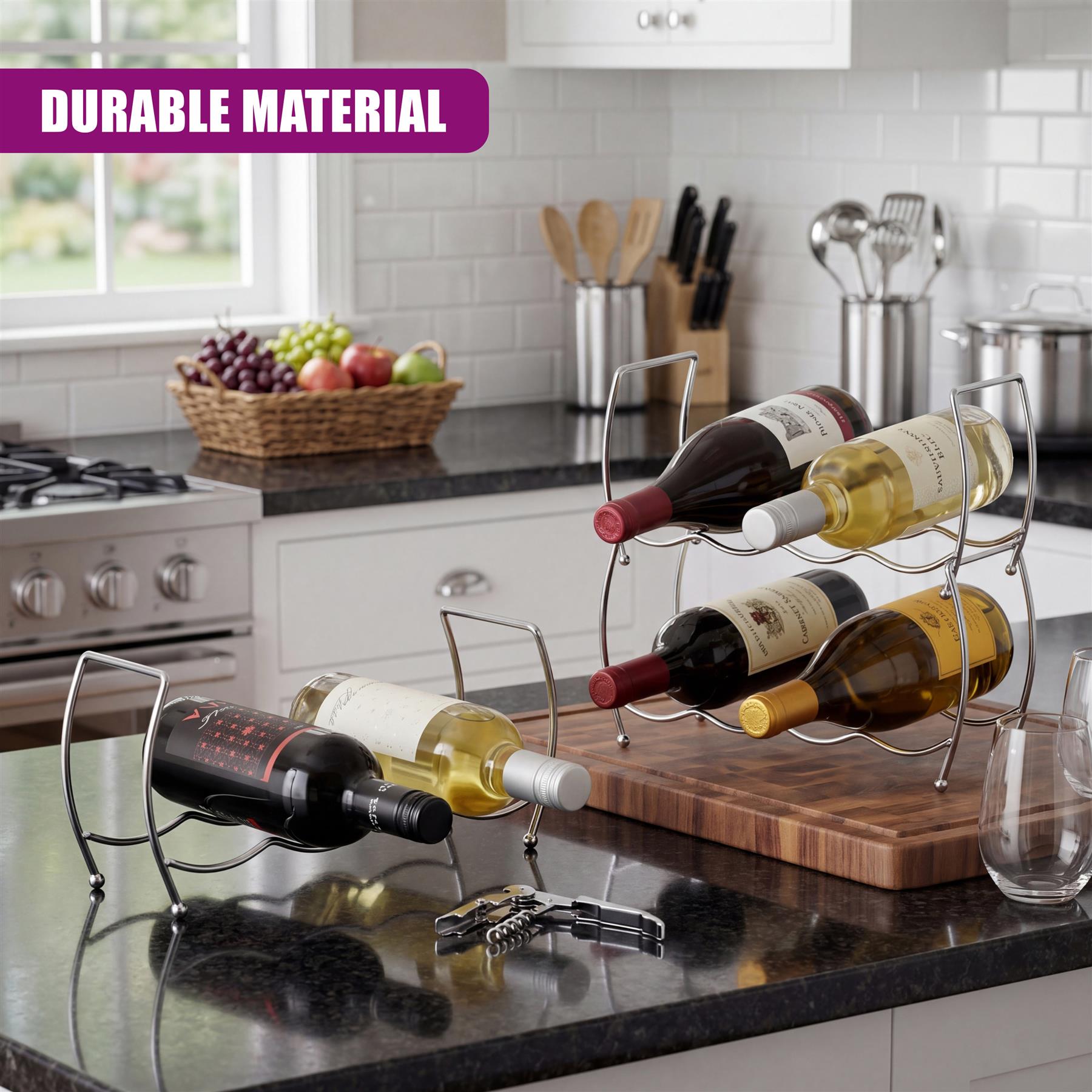 Metal wine rack holding multiple bottles displayed on a wooden cutting board countertop.