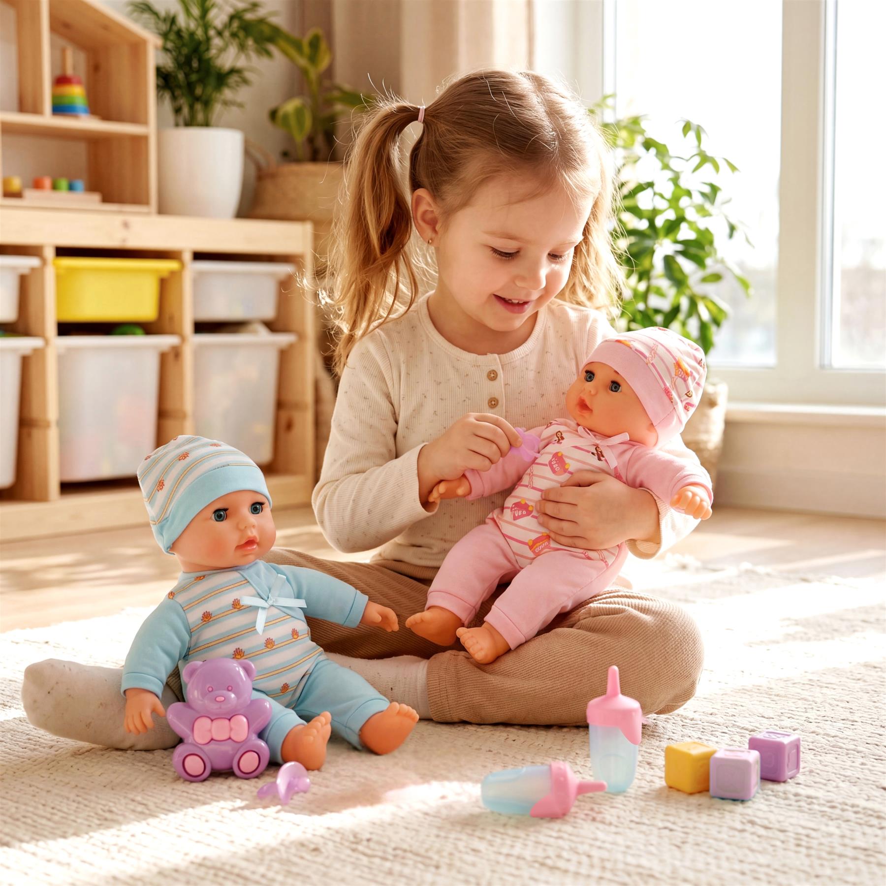 Two dolls, a girl, a stuffed bear, and various colorful accessories are displayed on a rug.