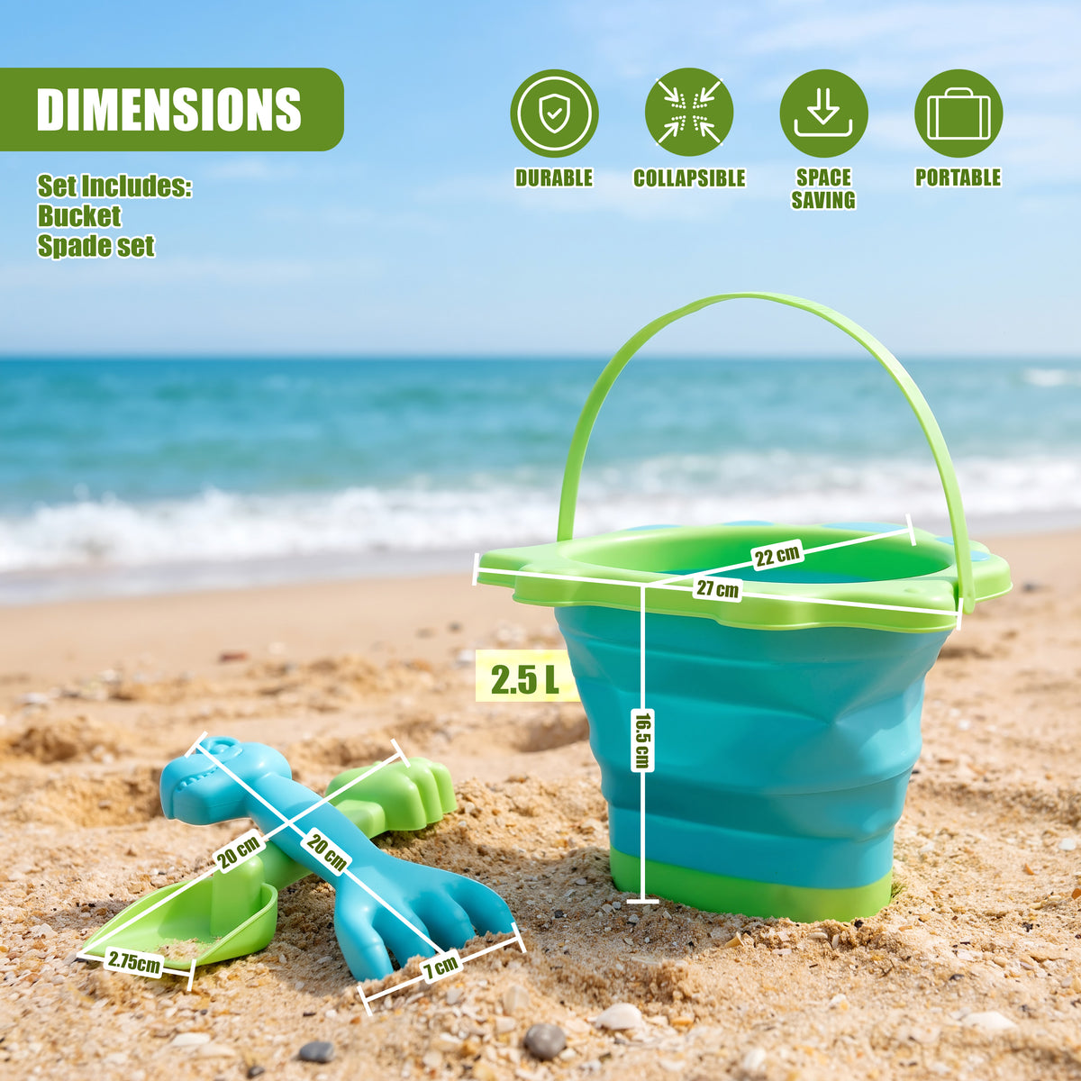 Collapsible beach bucket and spade set, featuring a blue bucket and spade, displayed on sand