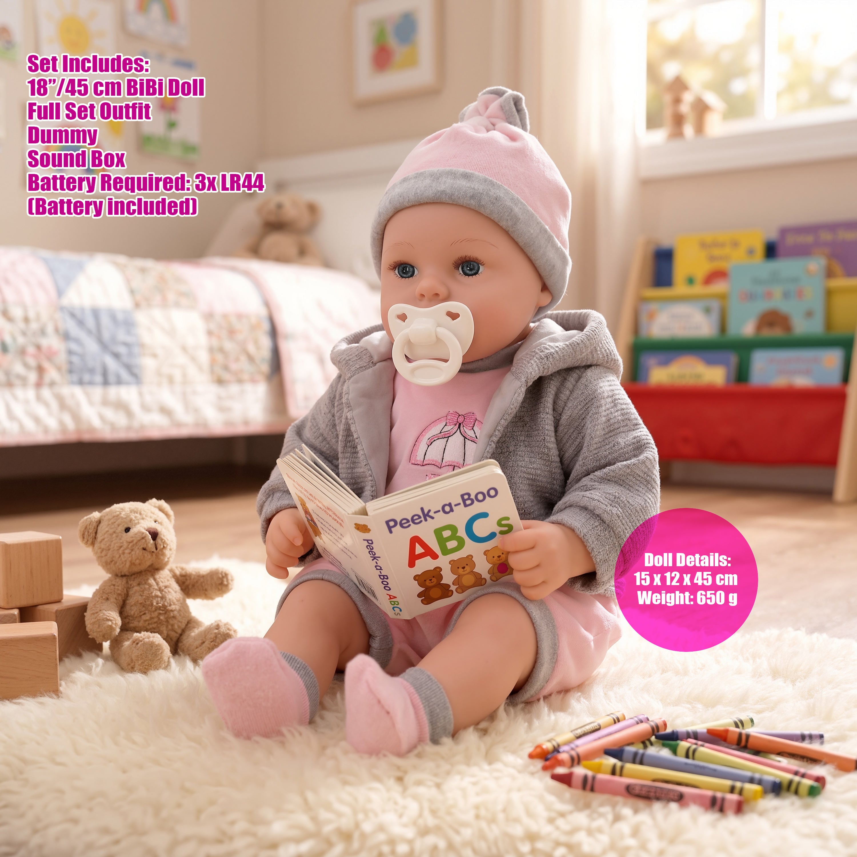 Baby Girl Doll With Dummy & Sounds Grey