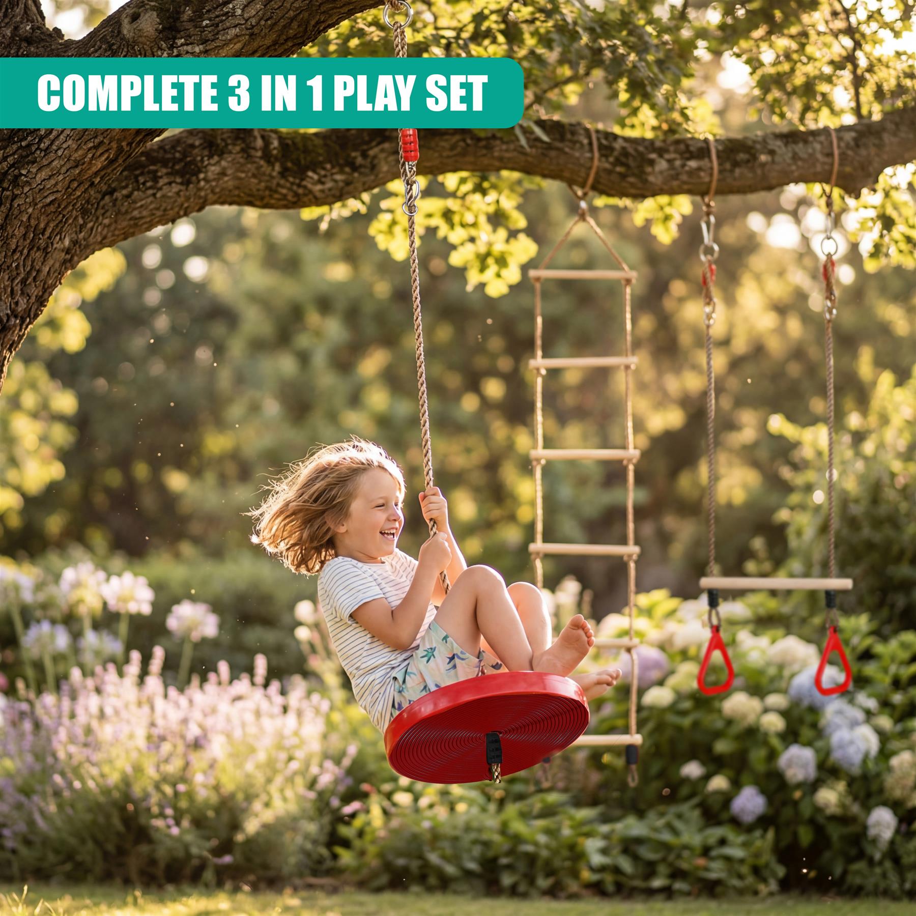 A child swings on a red seat from a rope swing, near a garden ladder and bar set.