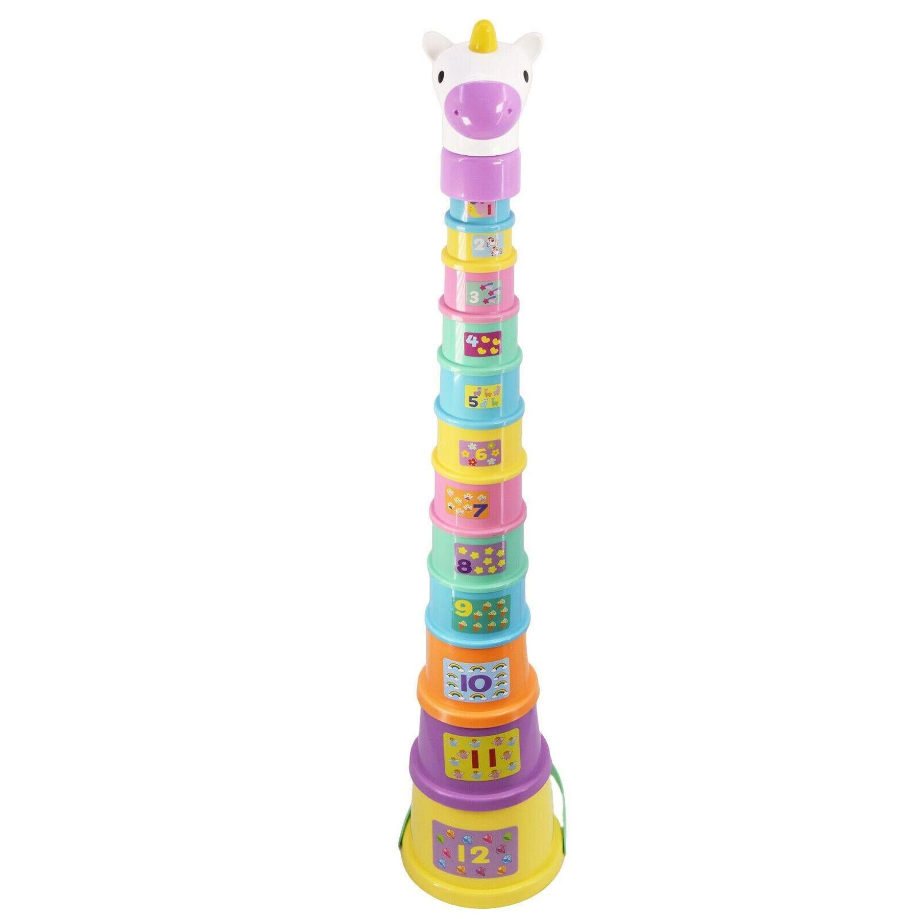 Colorful, numbered stacking cups arranged vertically and topped with a unicorn head figure.