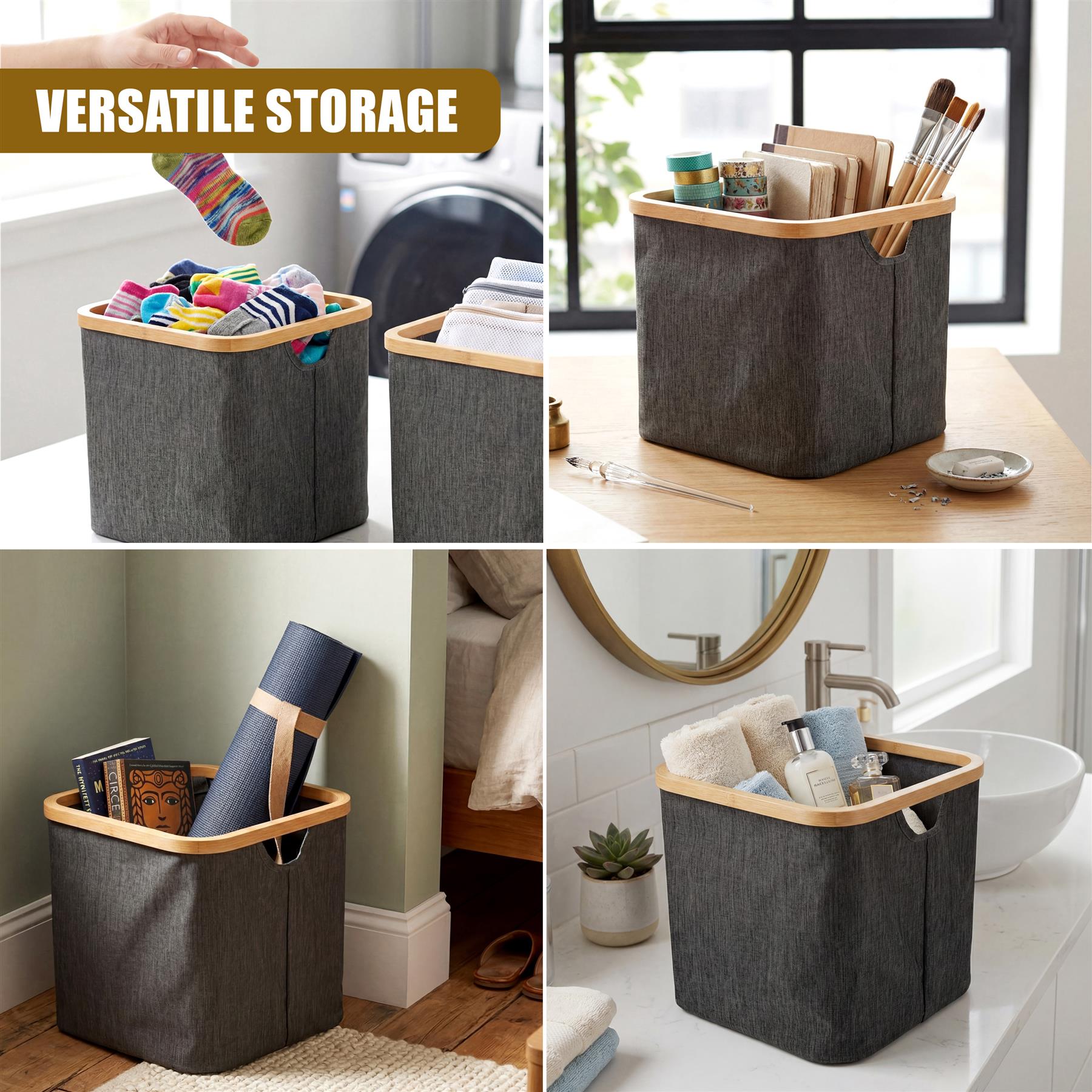 Collapsible grey storage bin holding socks, towels, toiletries, and linens in multiple home settings.