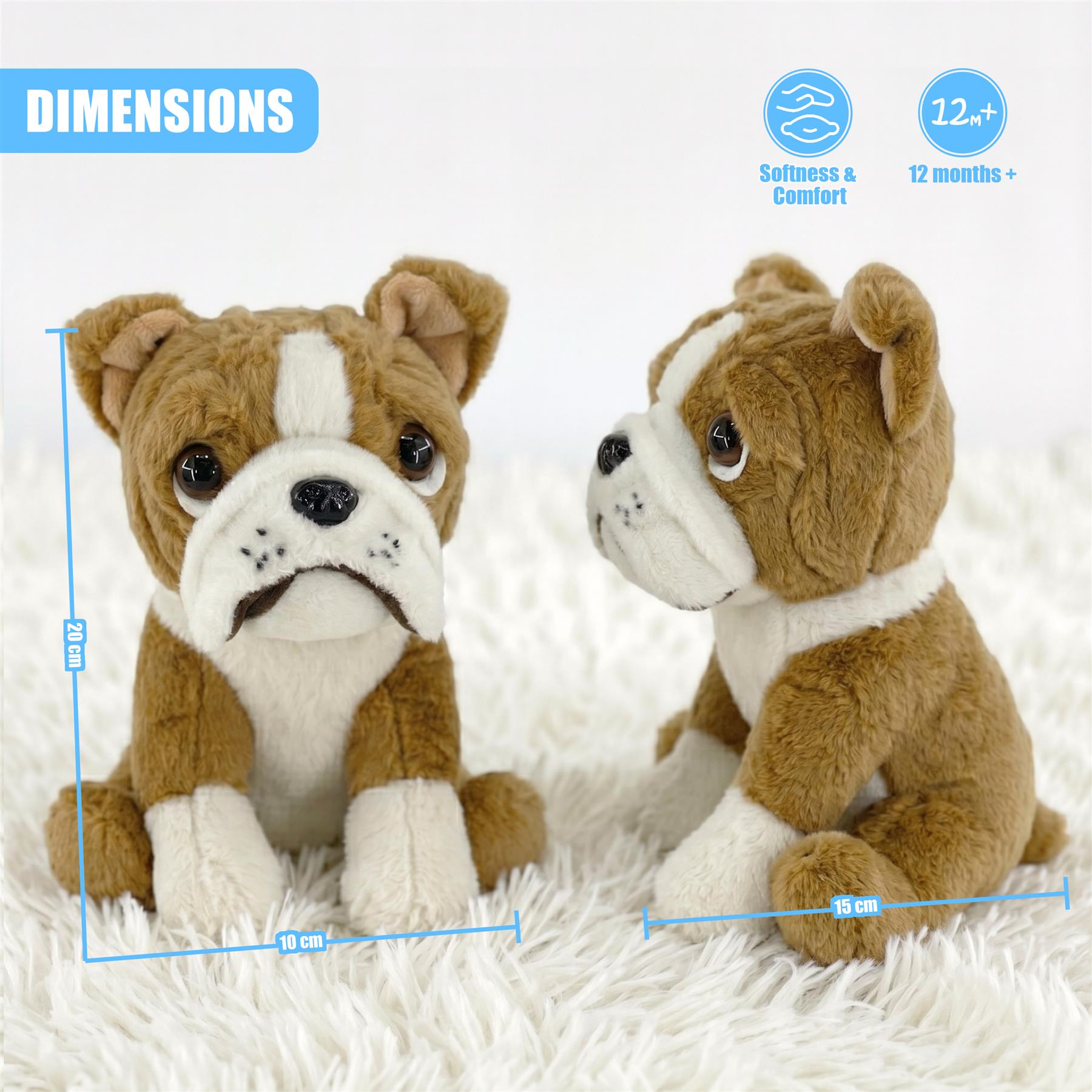 Image showing two soft plush British Bulldogs in brown and white resting on white fabric.