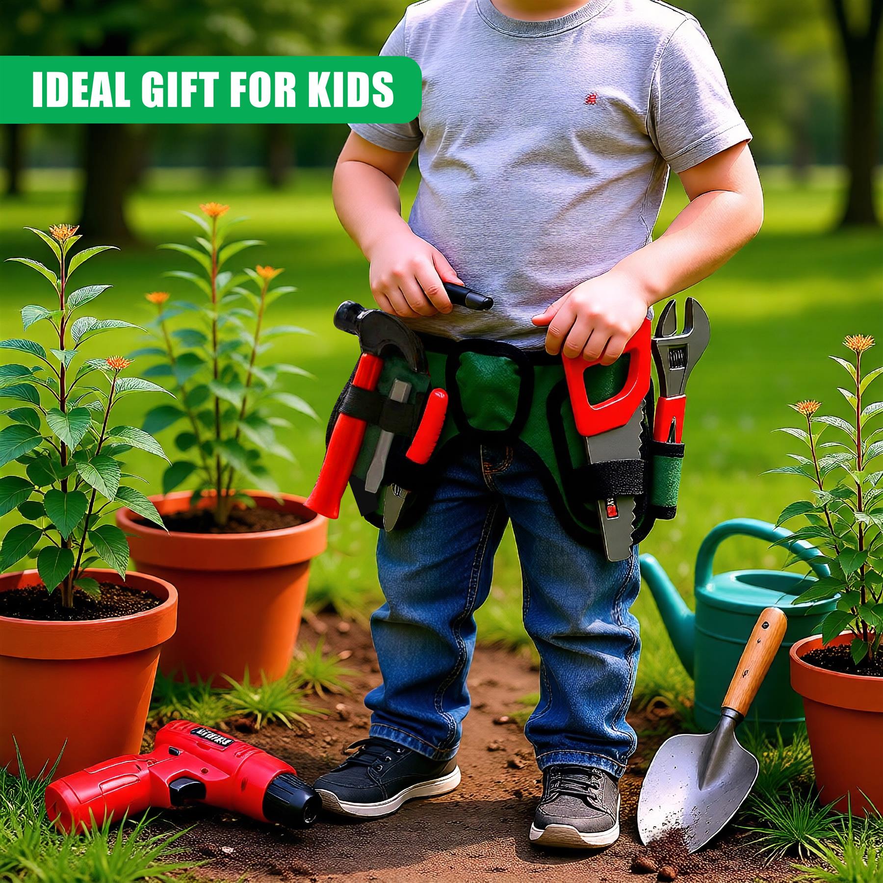 "Small child with a tool set and work belt, standing near potted plants." - The Magic Toy Shop