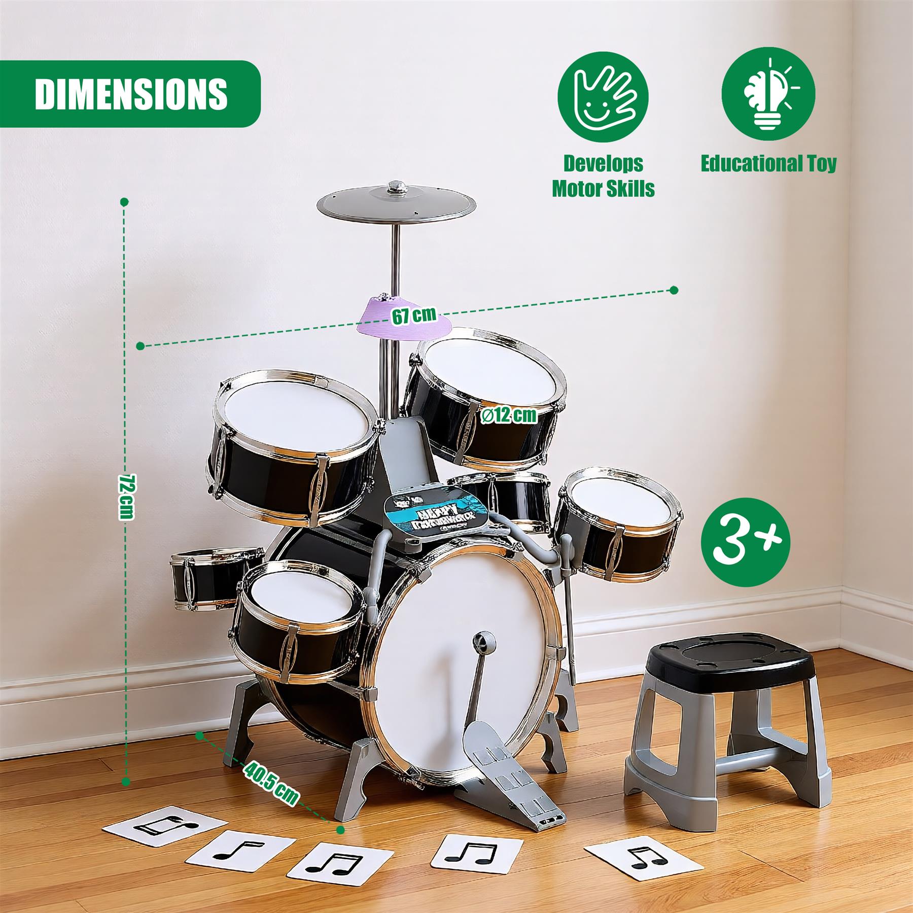 "A kid-sized drum set with a wooden stool in front, featuring four drums, cymbals and a snare, designed for educational purposes." - The Magic Toy Shop