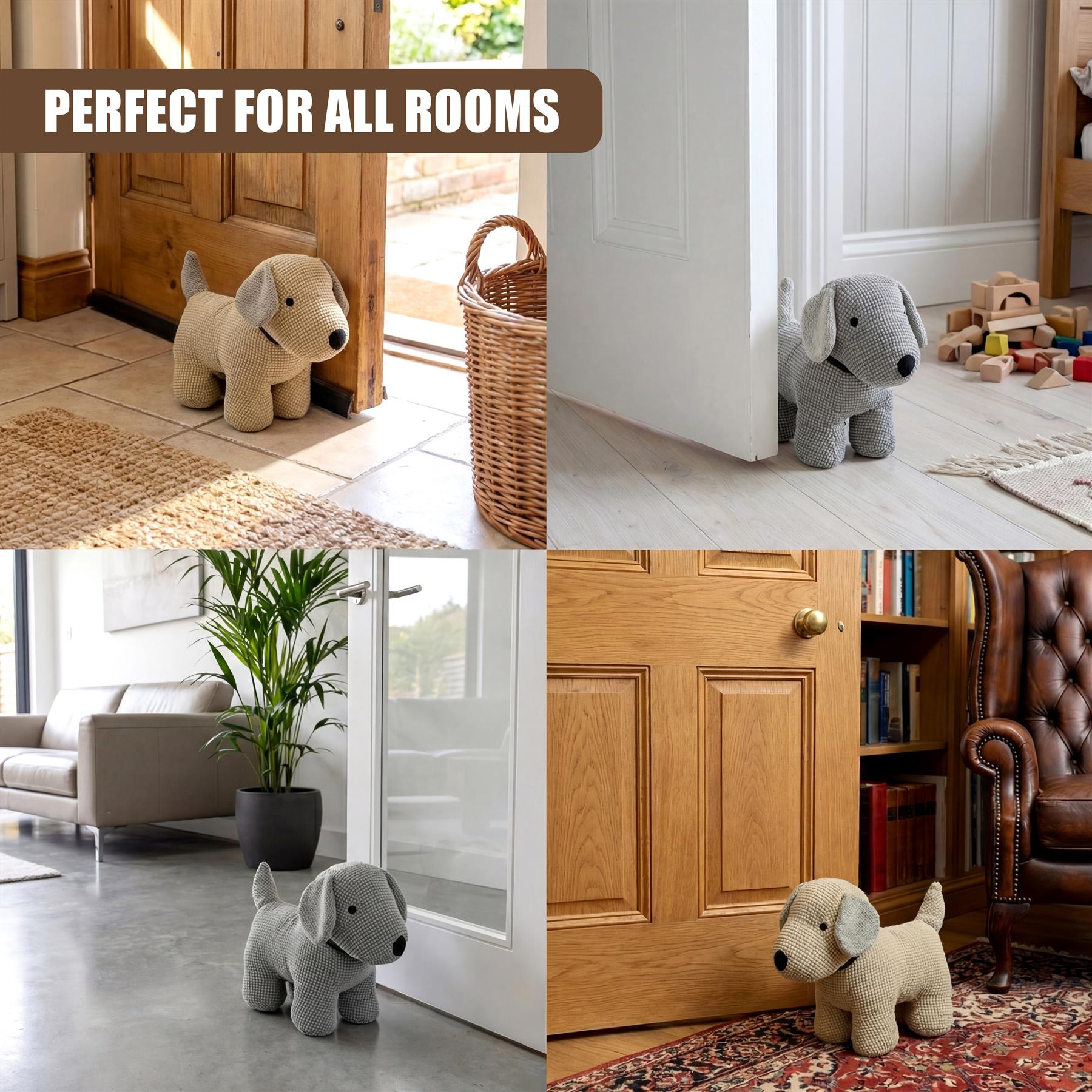 Dog-shaped door stoppers are shown in various rooms, next to different wooden doorways.