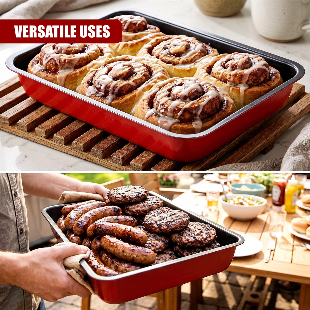Three red GEEZY roasting trays are shown, demonstrating versatile baking uses