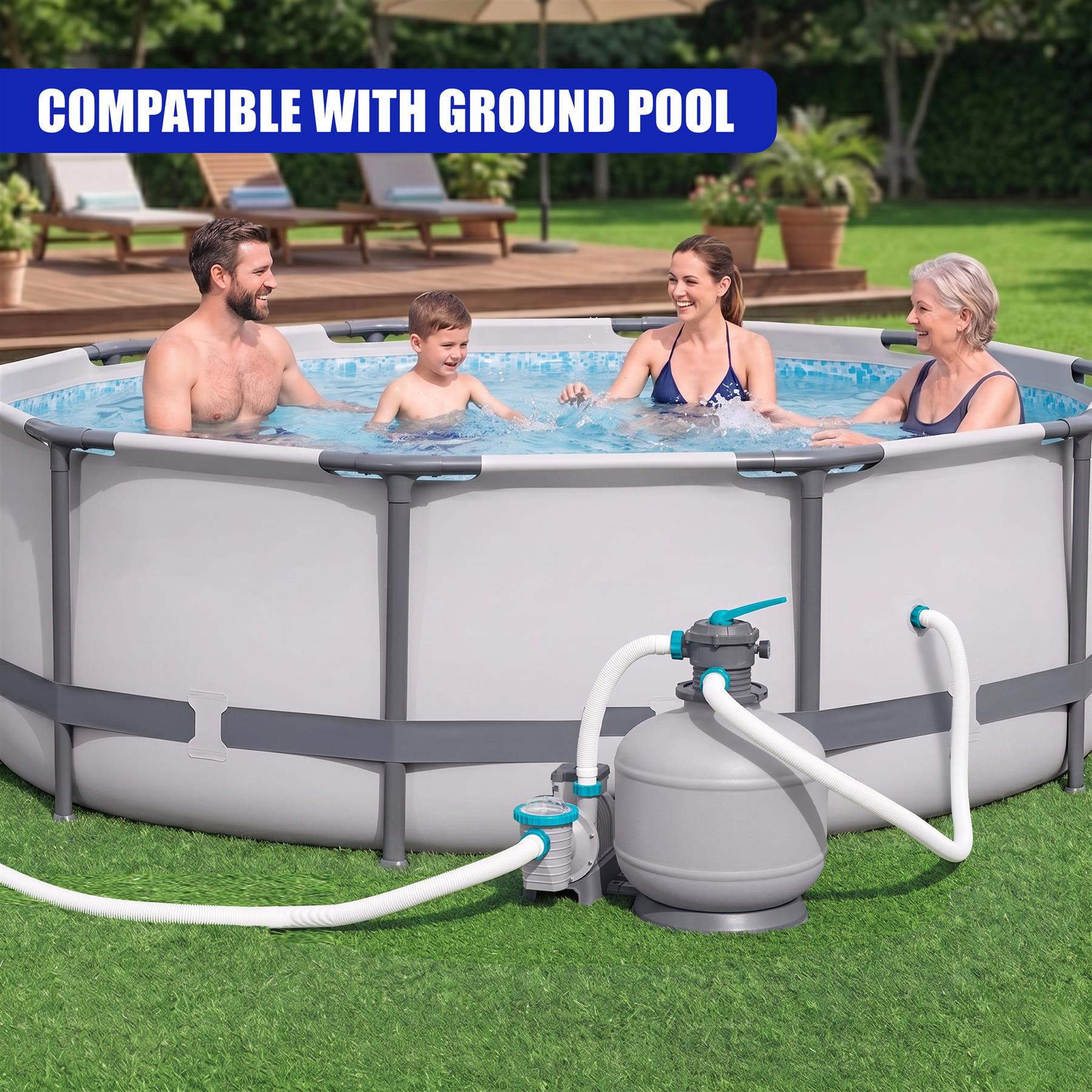 Above-ground pool structure with attached pump and filter system for water circulation.