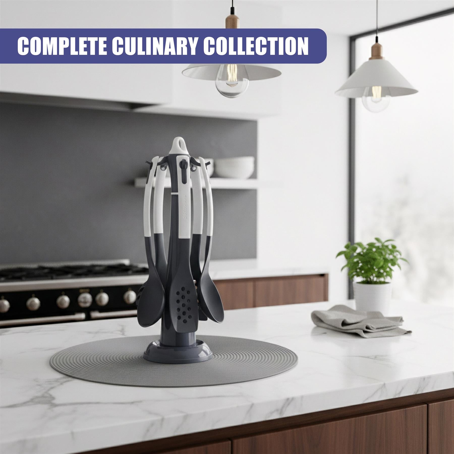 Six kitchen utensils stand in a dark gray organizer on a round mat placed on a light countertop.