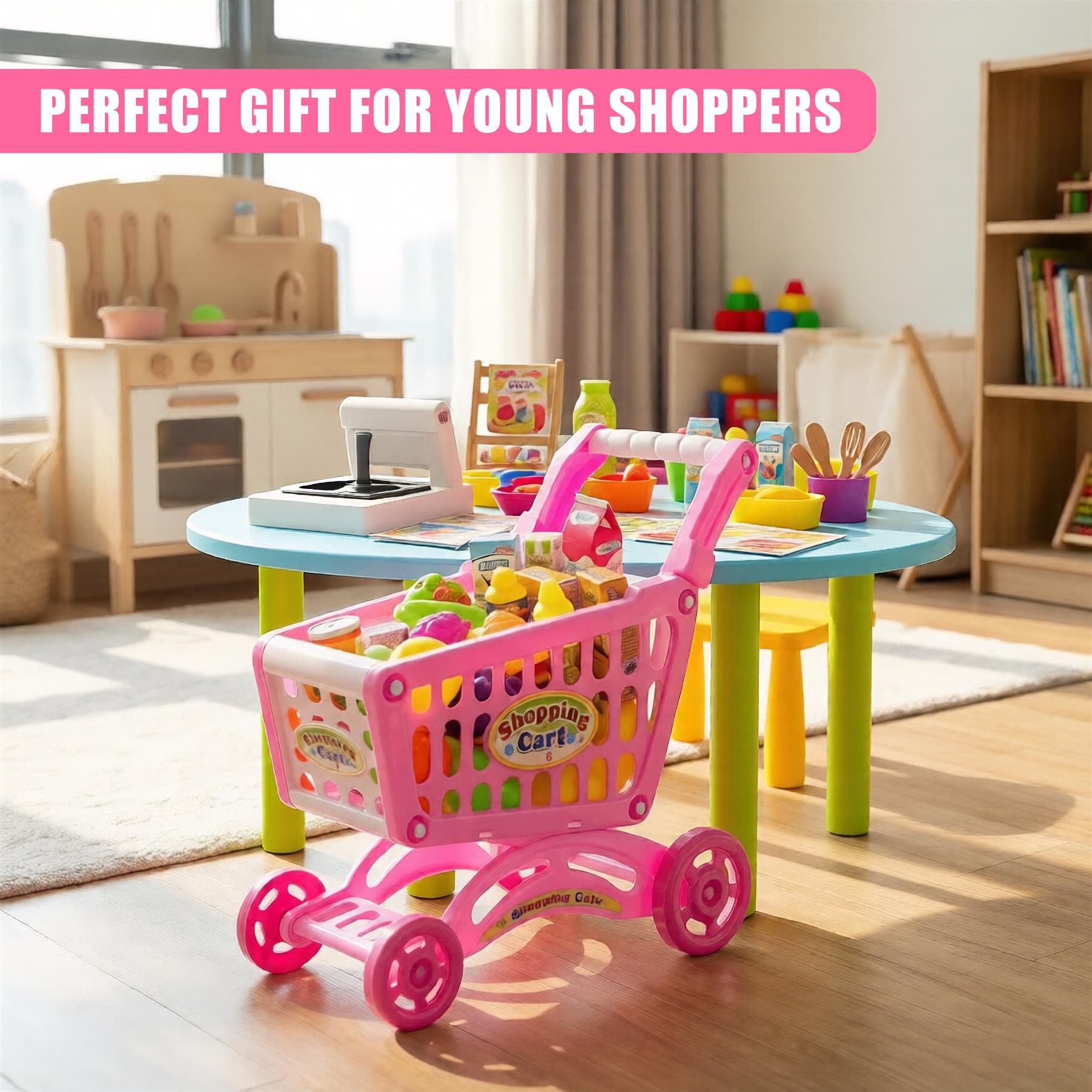 Two images of a pink shopping trolley play set, one on either side, against different room backdrops. - The Magic Toy Shop