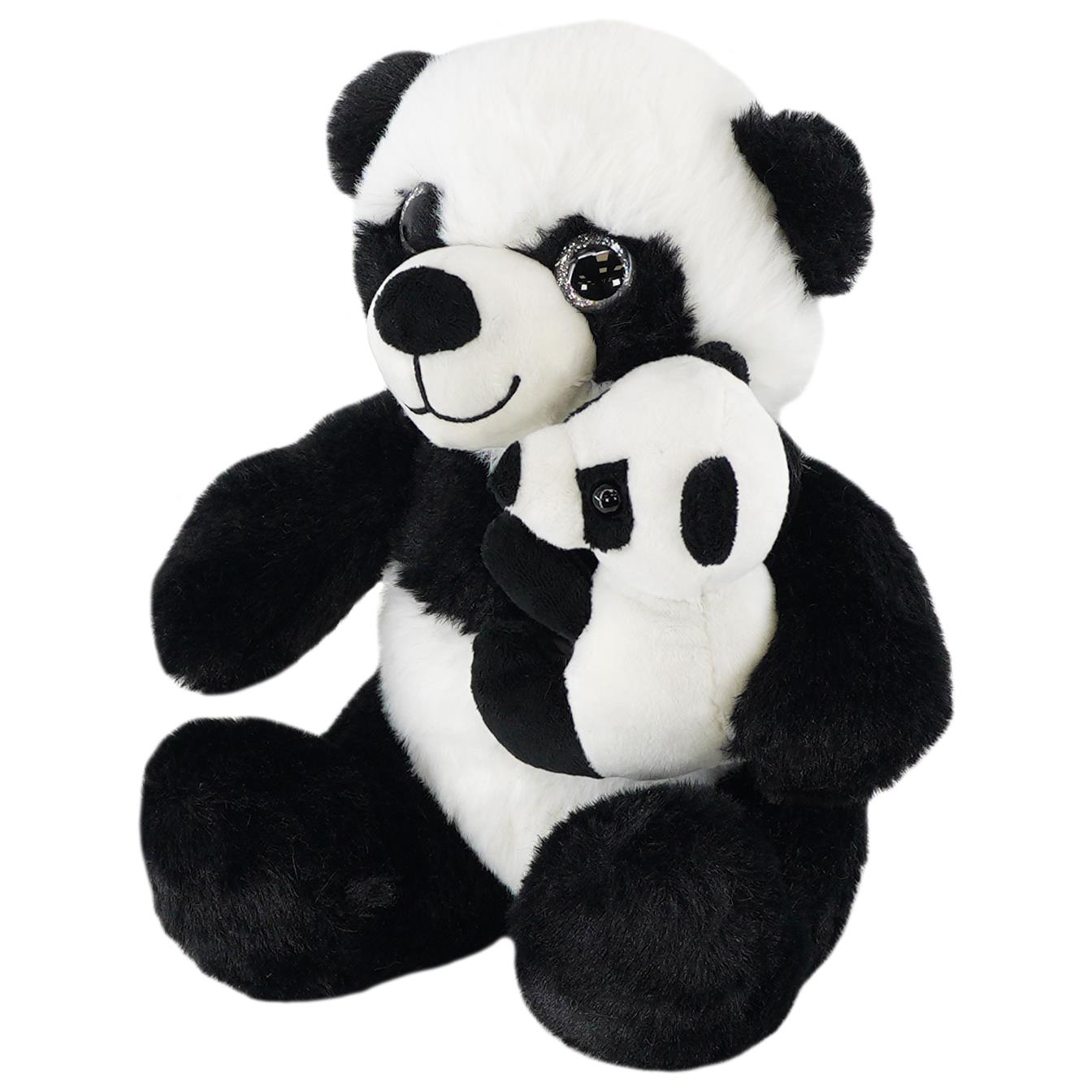 Super soft plush toy featuring a cuddly mommy panda holding a smaller baby panda, perfect for hugging and playtime. Ideal gift for panda lovers and kids. themagictoyshop