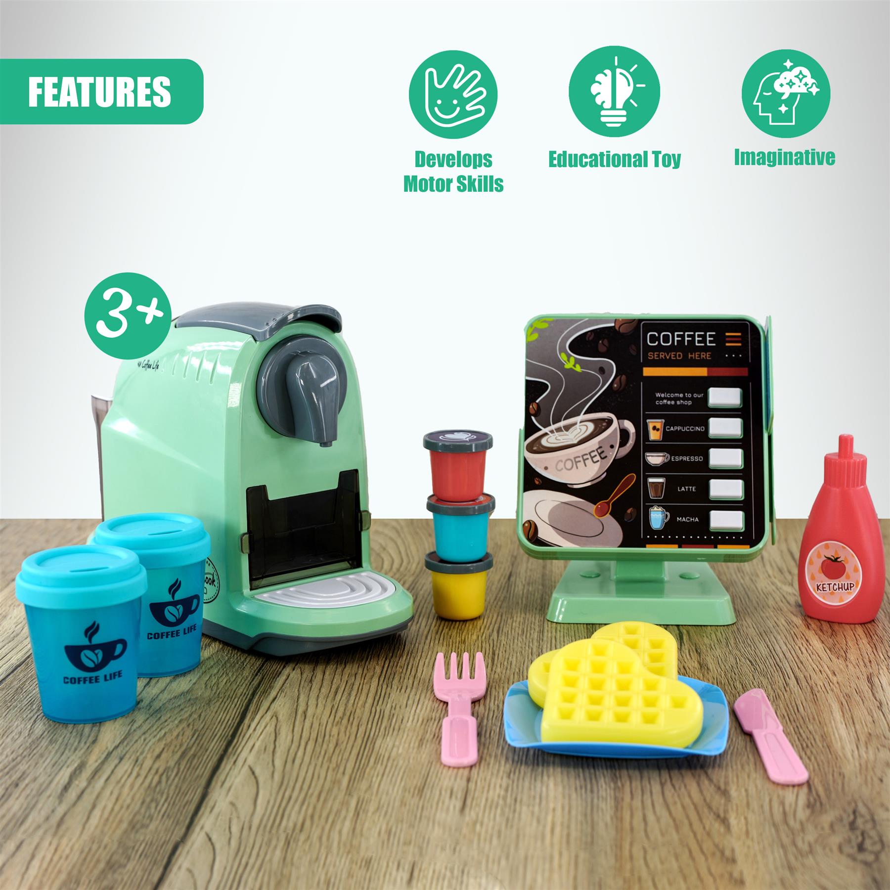 A playset featuring a coffee machine, cups, and food items, designed for children aged 3 and above. The set includes a coffee machine, cups, a food menu, and various food items, such as waffles, eggs, and ketchup. - The Magic Toy Shop