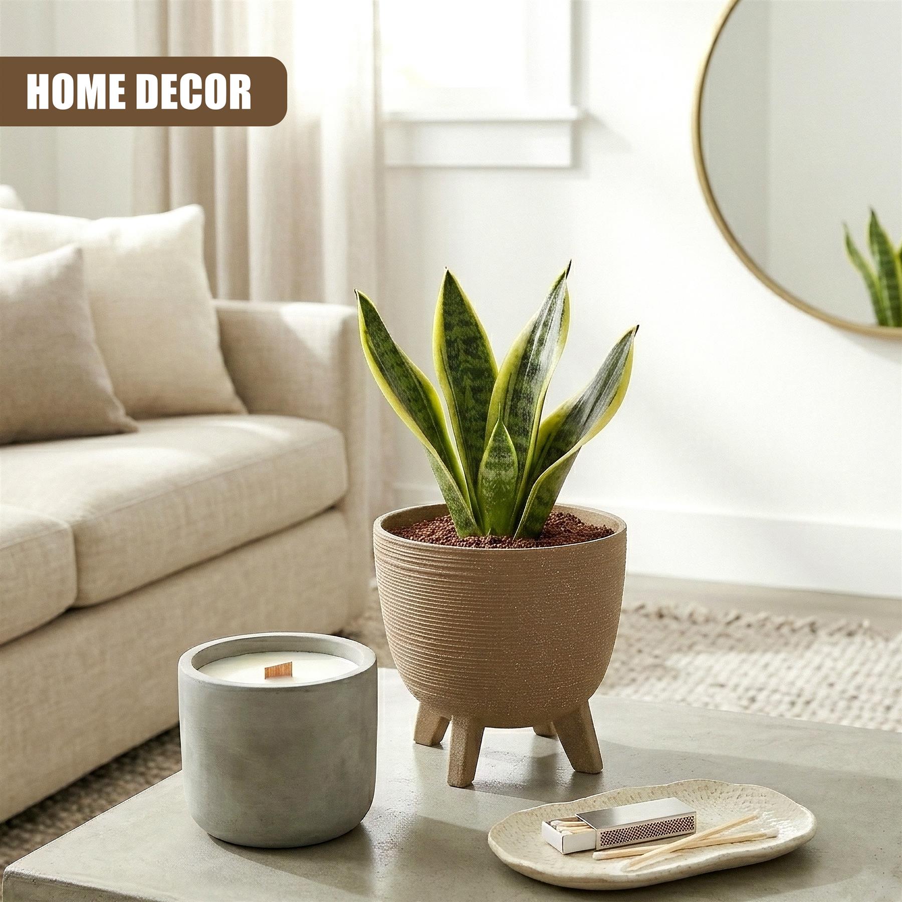 Brown, textured flower pot with three small legs, containing a vibrant green snake plant.