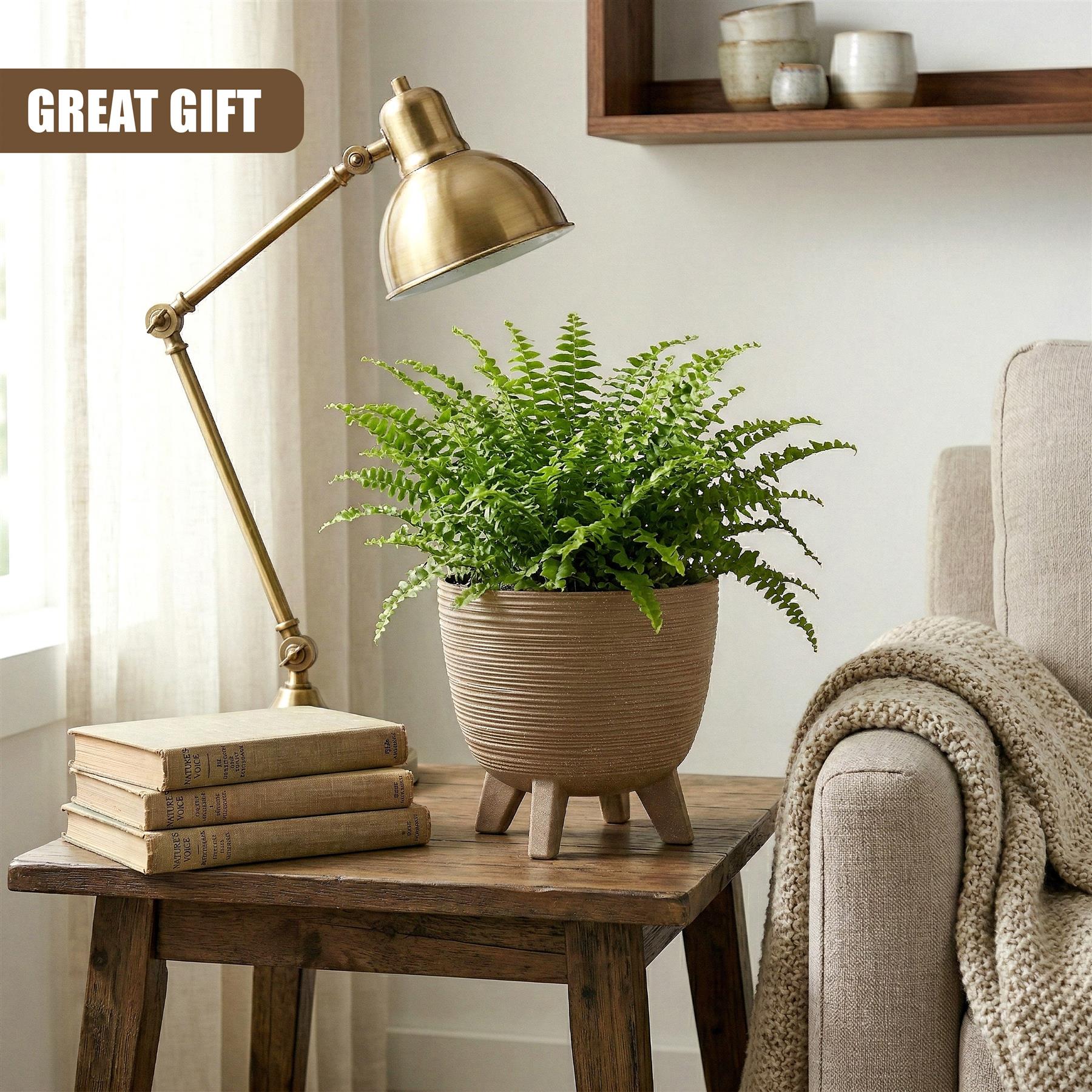 Textured brown flower pot, 23.6 cm, supported by three small, wooden legs.