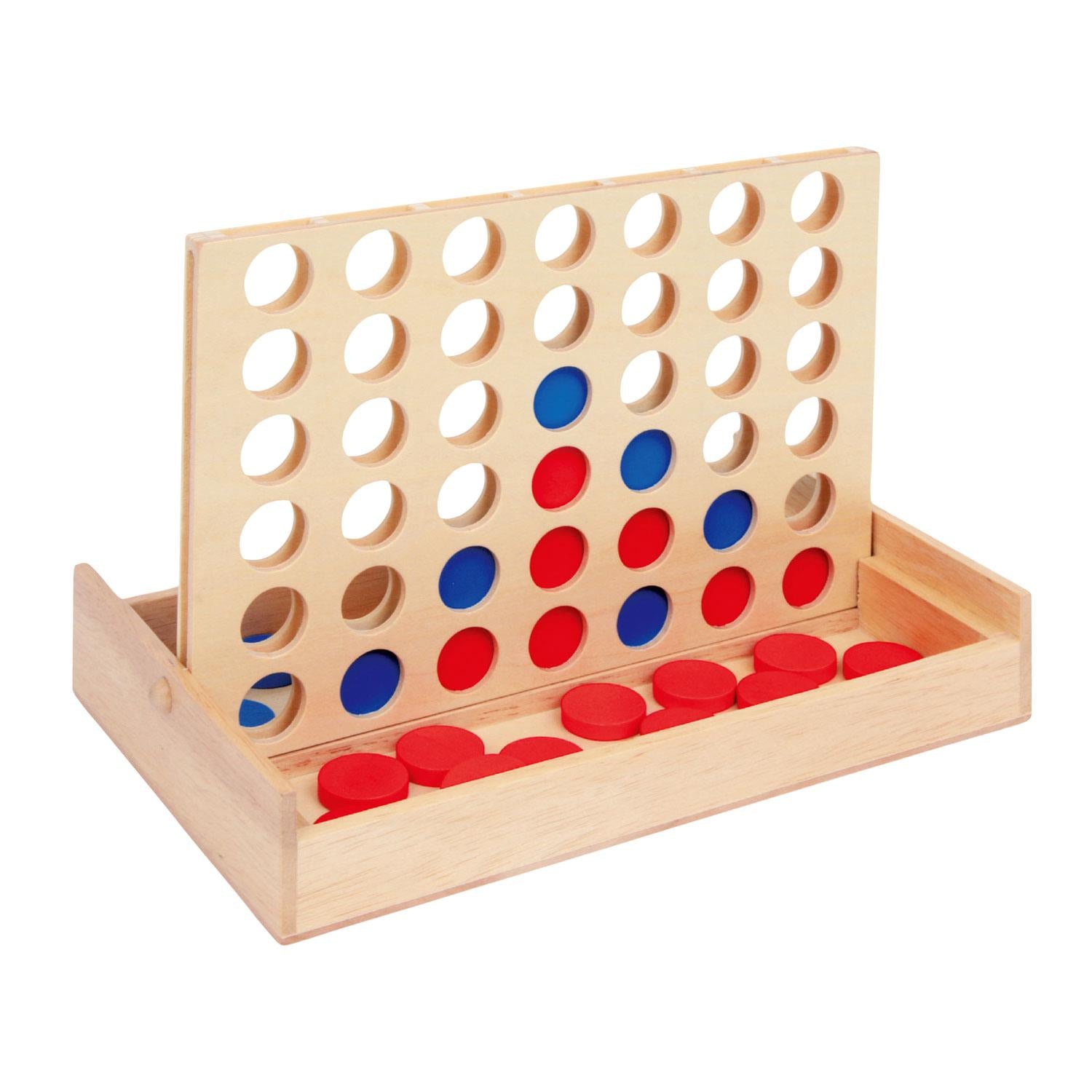 "The Magic Toy Shop 4 in a Row Traditional Wooden Game, colorful pieces, easy to assemble."