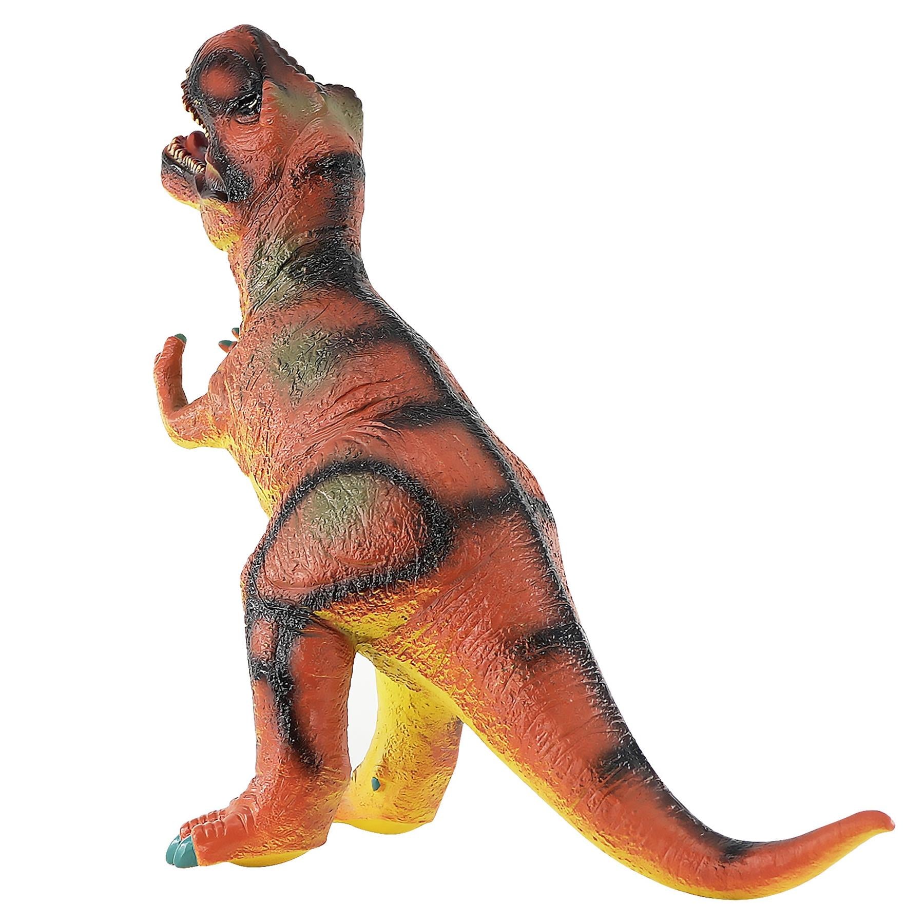 Soft plastic T-Rex toy dinosaur figure, colored brown and orange, posed standing on a white background.