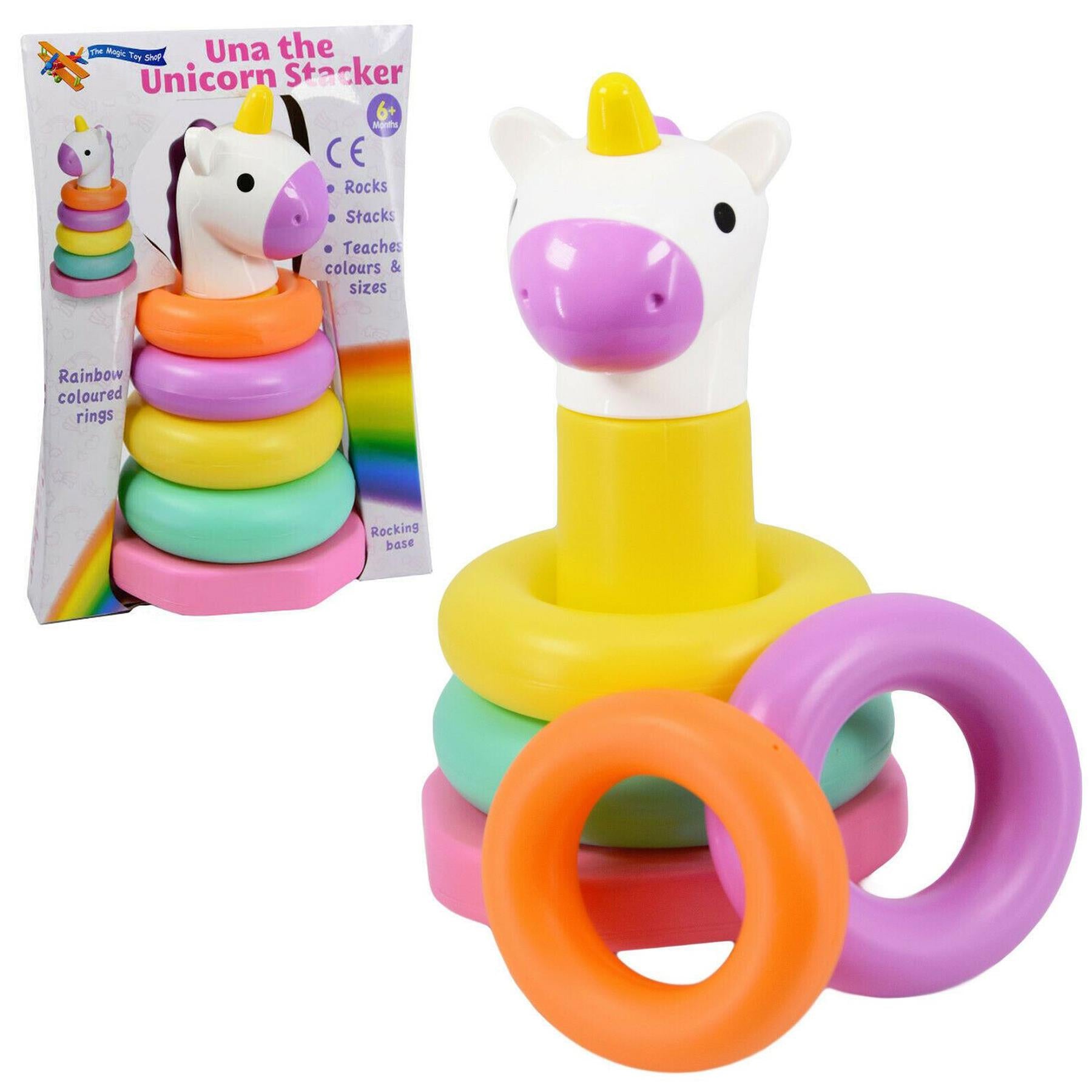 Giraffe stacking toy with colorful base rings and separate large orange and purple rings.